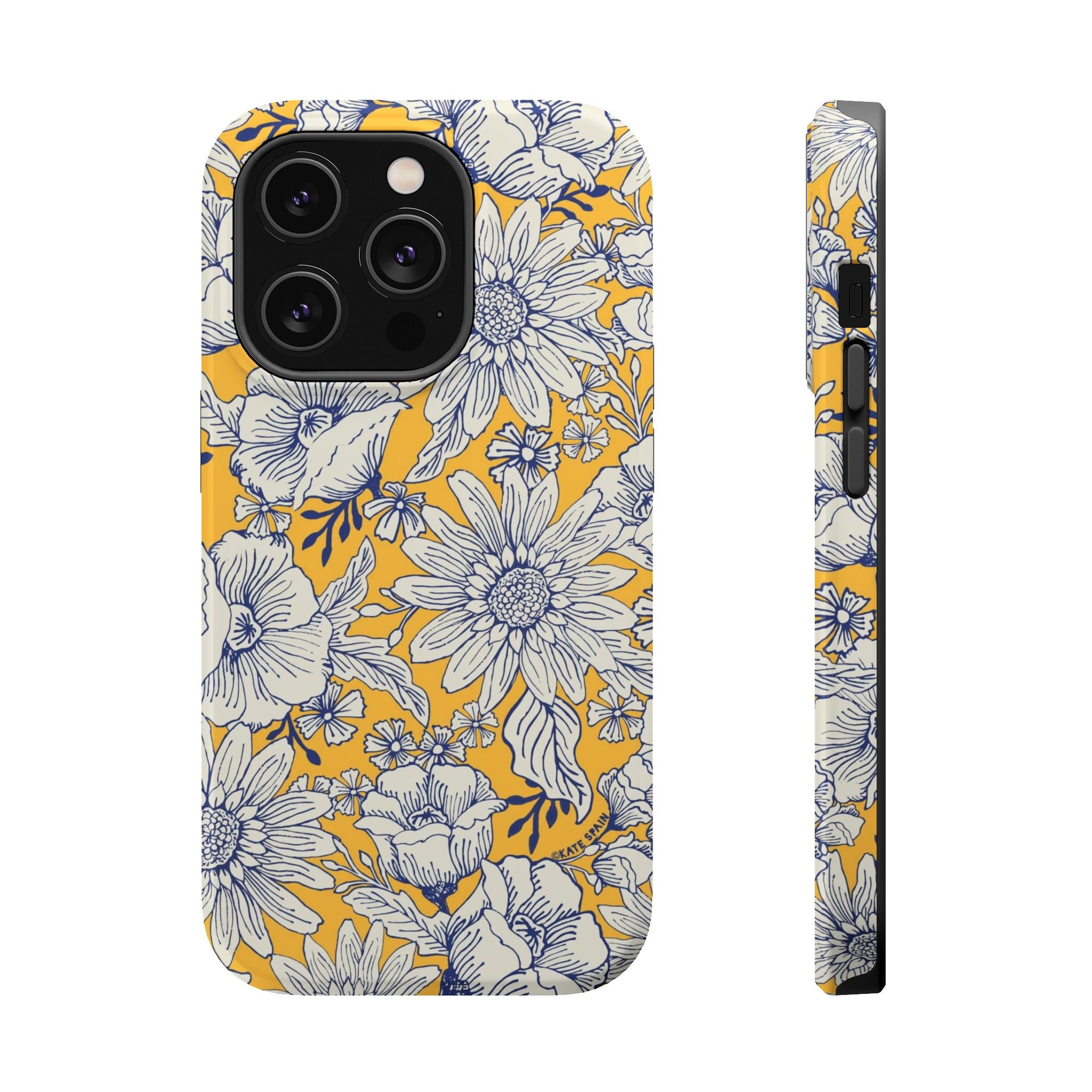 Jardin Luxury MagSafe iPhone 14 Pro Case – Glossy | yellow, cream, blue botanical floral print