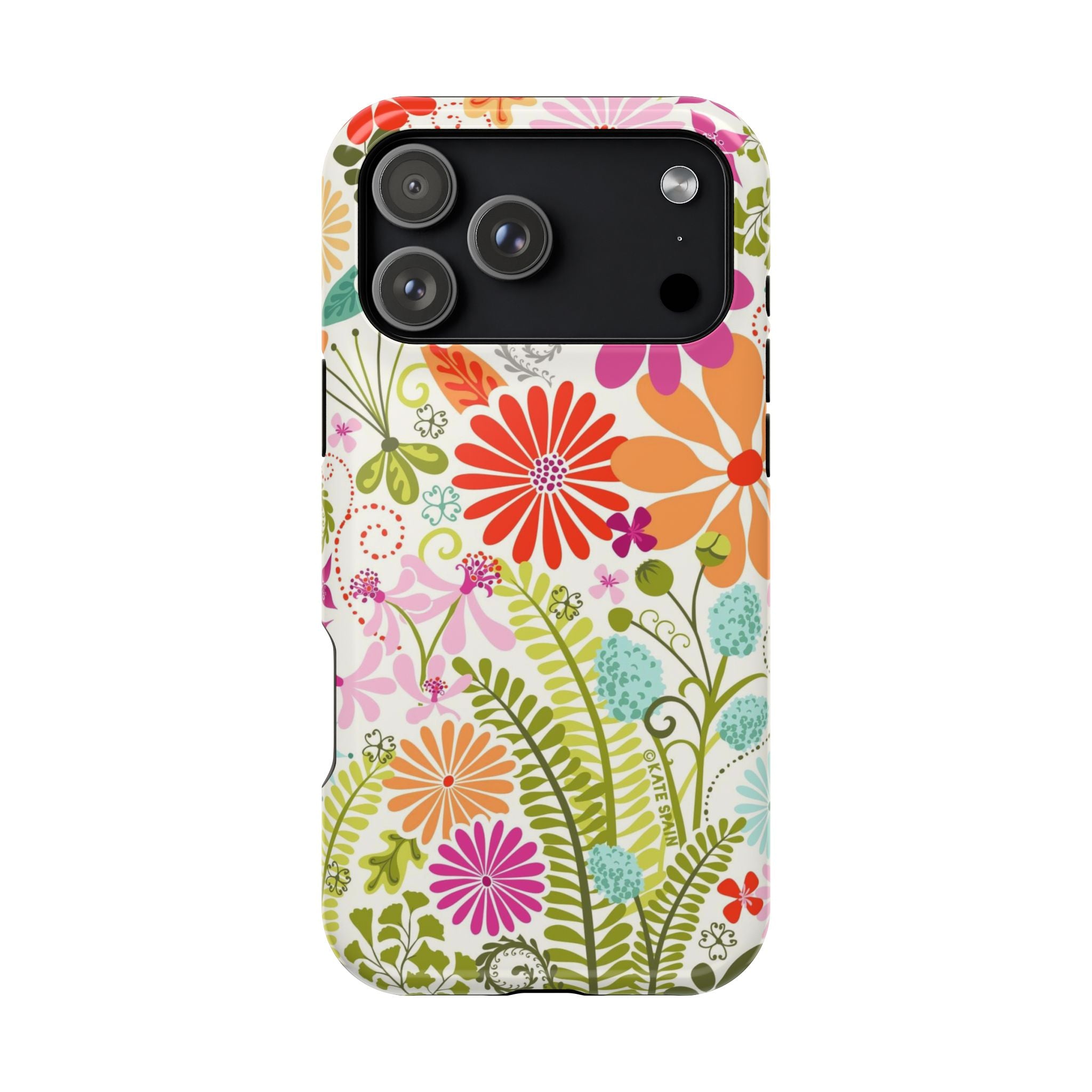 Luxury Terrain MagSafe iPhone 17 Pro Max Case – Glossy | white, magenta, coral botanical woodland floral print