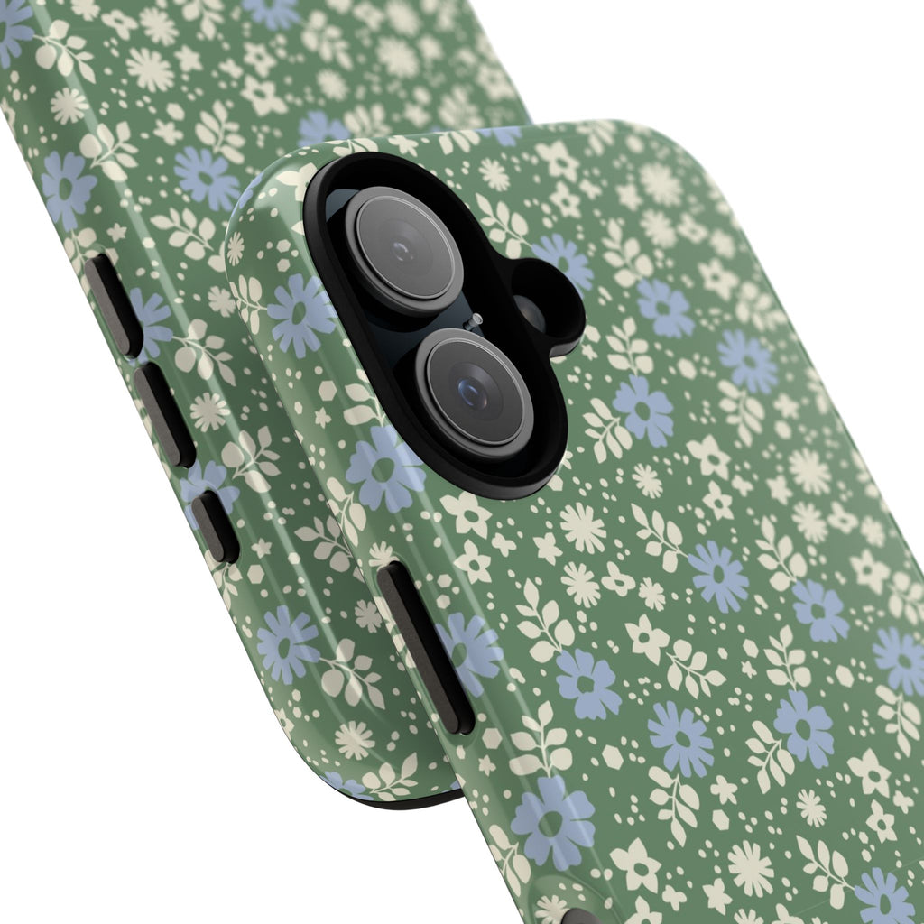 Petaline Tough iPhone 16 Pro Max Case – detail of camera cutout | green, blue, cream ditsy floral print