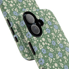 Petaline Tough iPhone 16 Pro Max Case – detail of camera cutout | green, blue, cream ditsy floral print