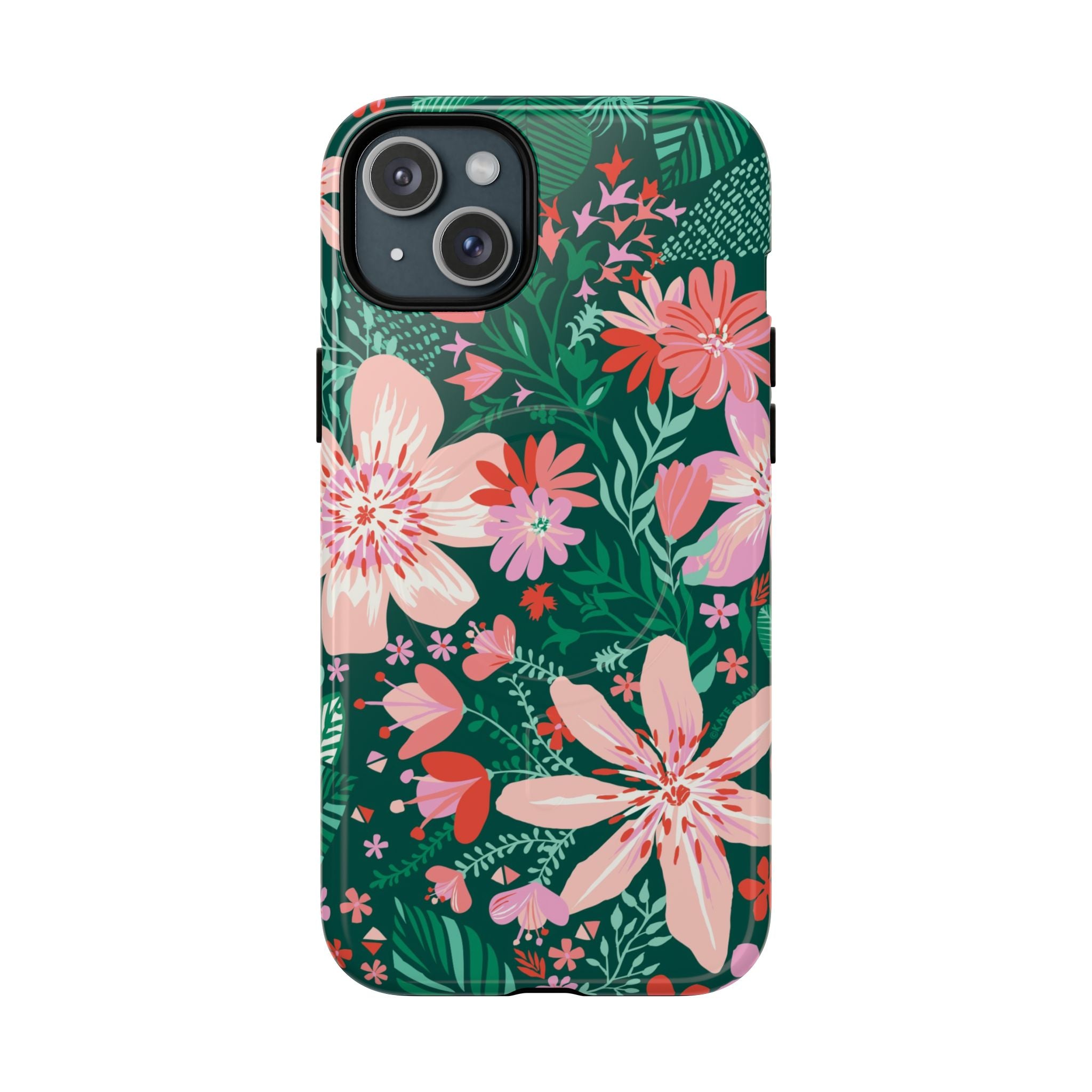 Bonaire MagSafe iPhone 15 Plus Case – Glossy | jade, pink, white tropical floral botanical print