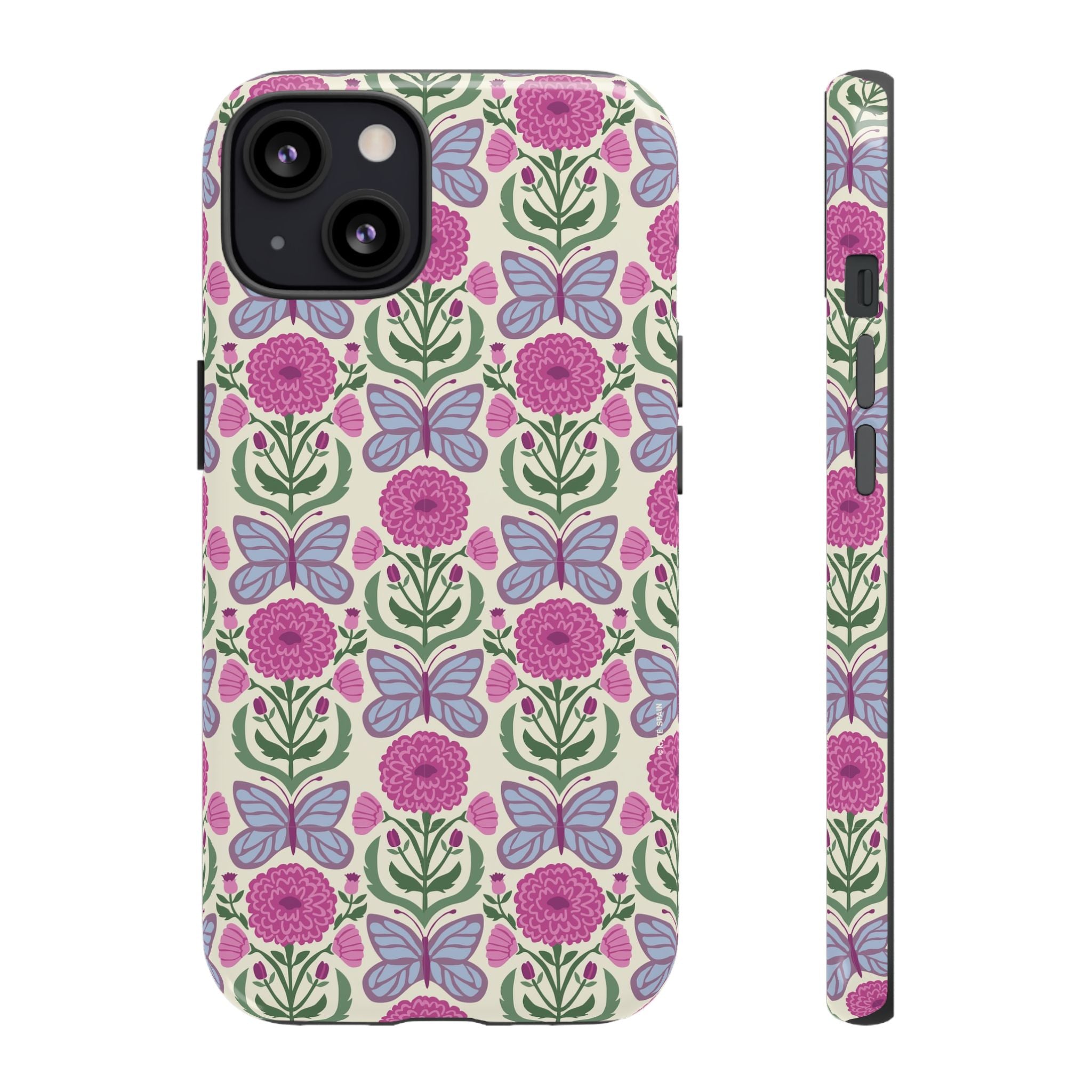 Butterfly Tough iPhone 13 Case – Matte | cream, magenta, periwinkle butterfly floral print