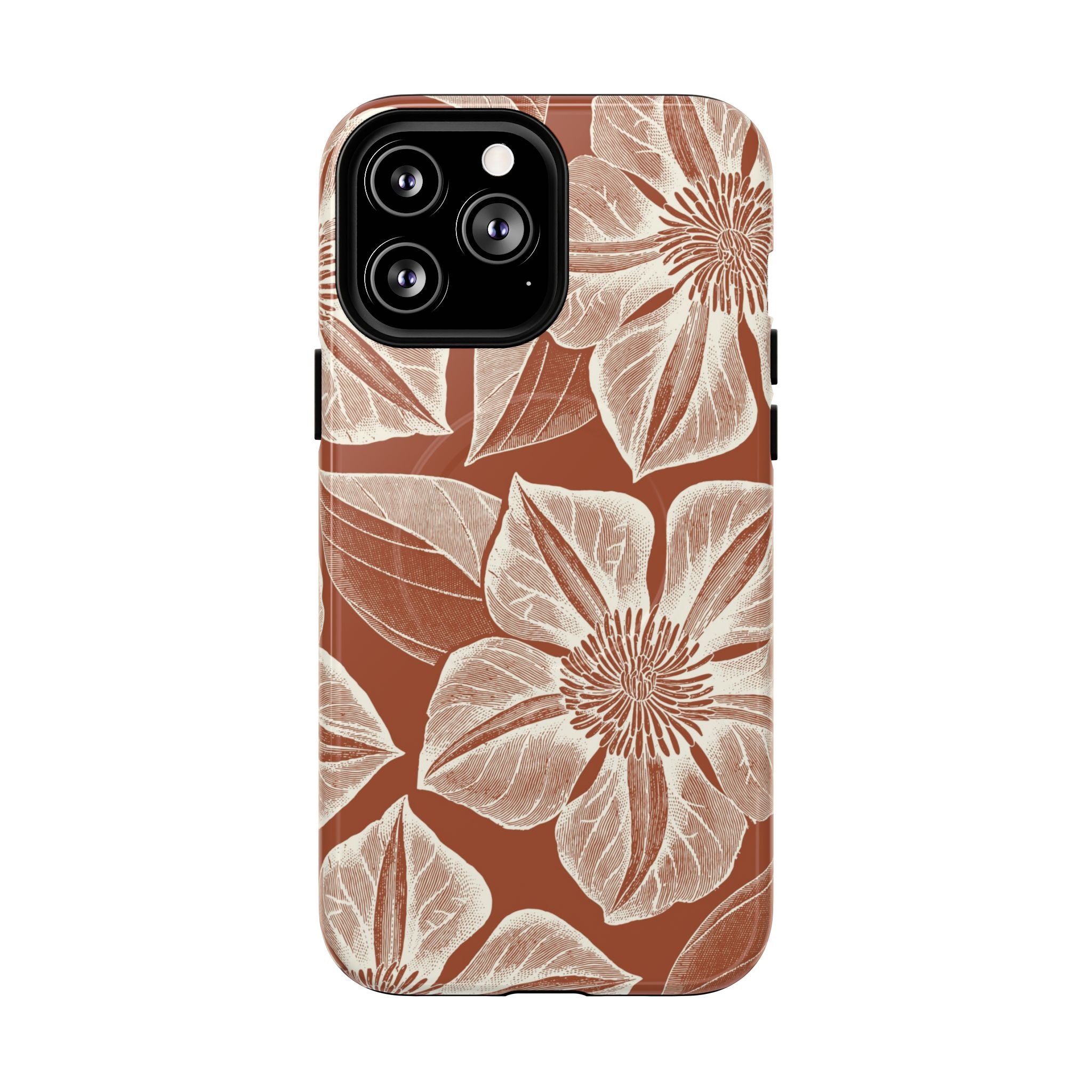Vintage Bloom Sienna MagSafe iPhone 13 Pro Max – Glossy | sienna ground, large-scale cream clematis print, engraved petal detail, dual-layer protection