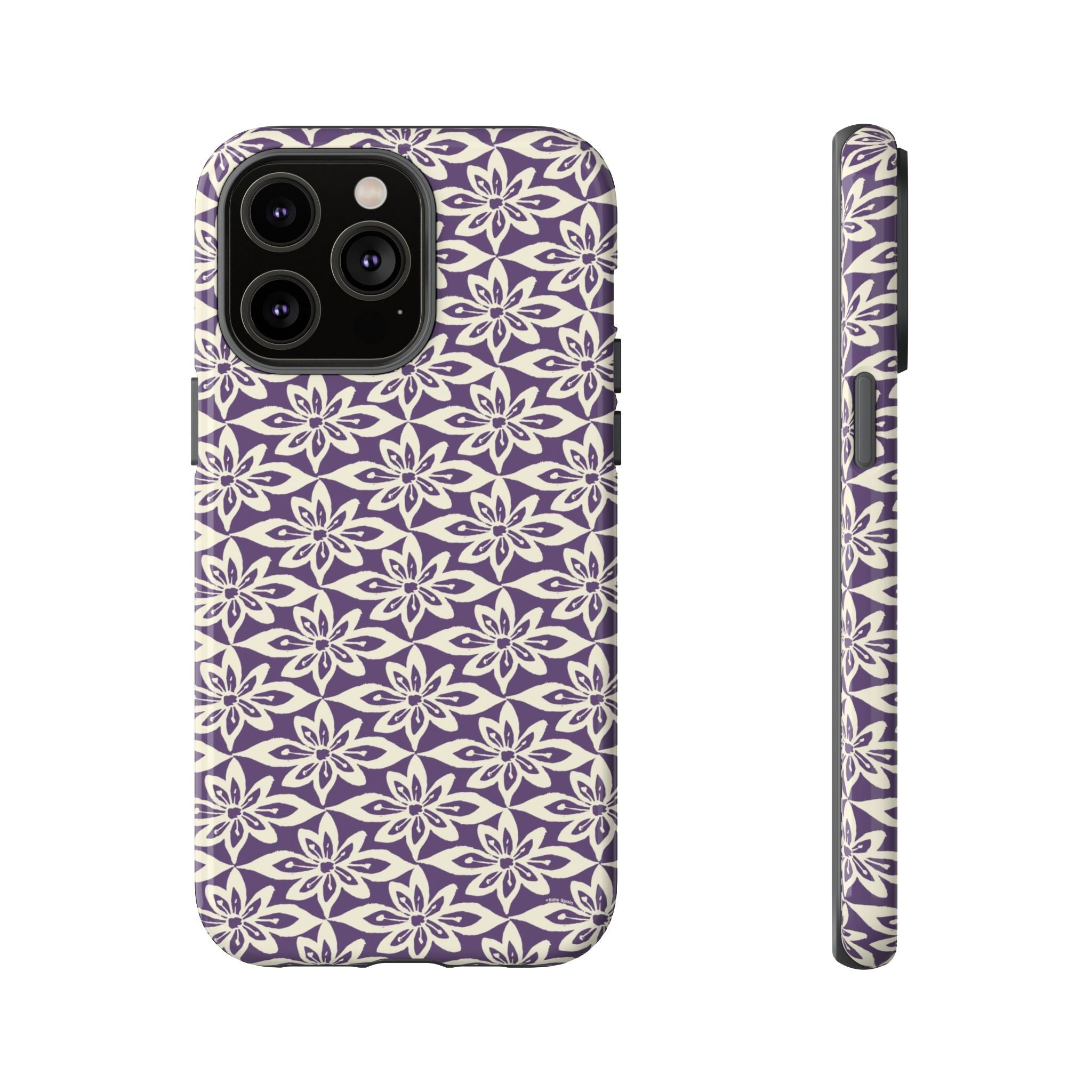 Lily Plum iPhone 14 Pro Max Case – Glossy | graphic white lily print on rich violet — botanical phone case by Kate Spain