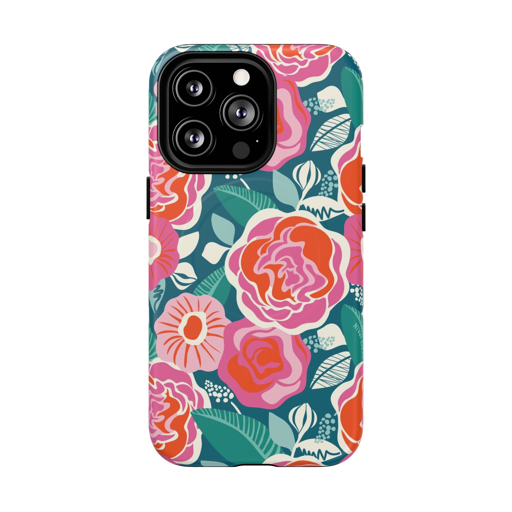 Luxury Tea Rose Teal MagSafe iPhone 13 Pro Case – Matte | teal, coral, pink botanical rose floral print