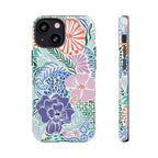 Tropica Tough iPhone 13 Mini Case – Glossy | purple, coral, pink, blue botanical tropical floral print