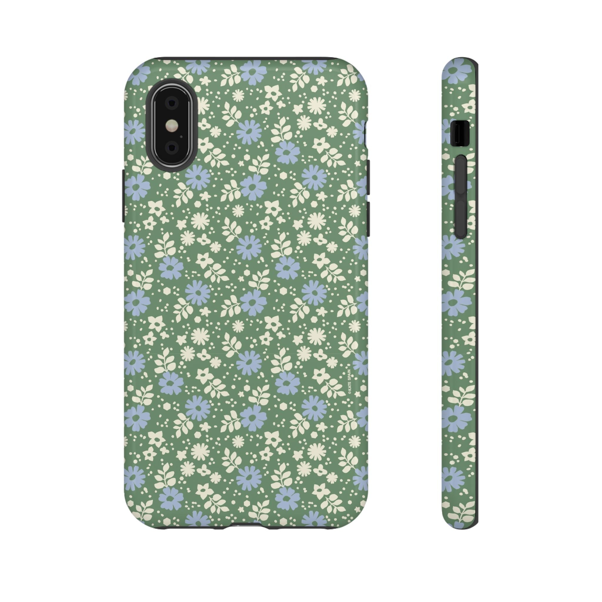 Petaline Tough iPhone X Case – Glossy | green, blue, cream ditsy floral print