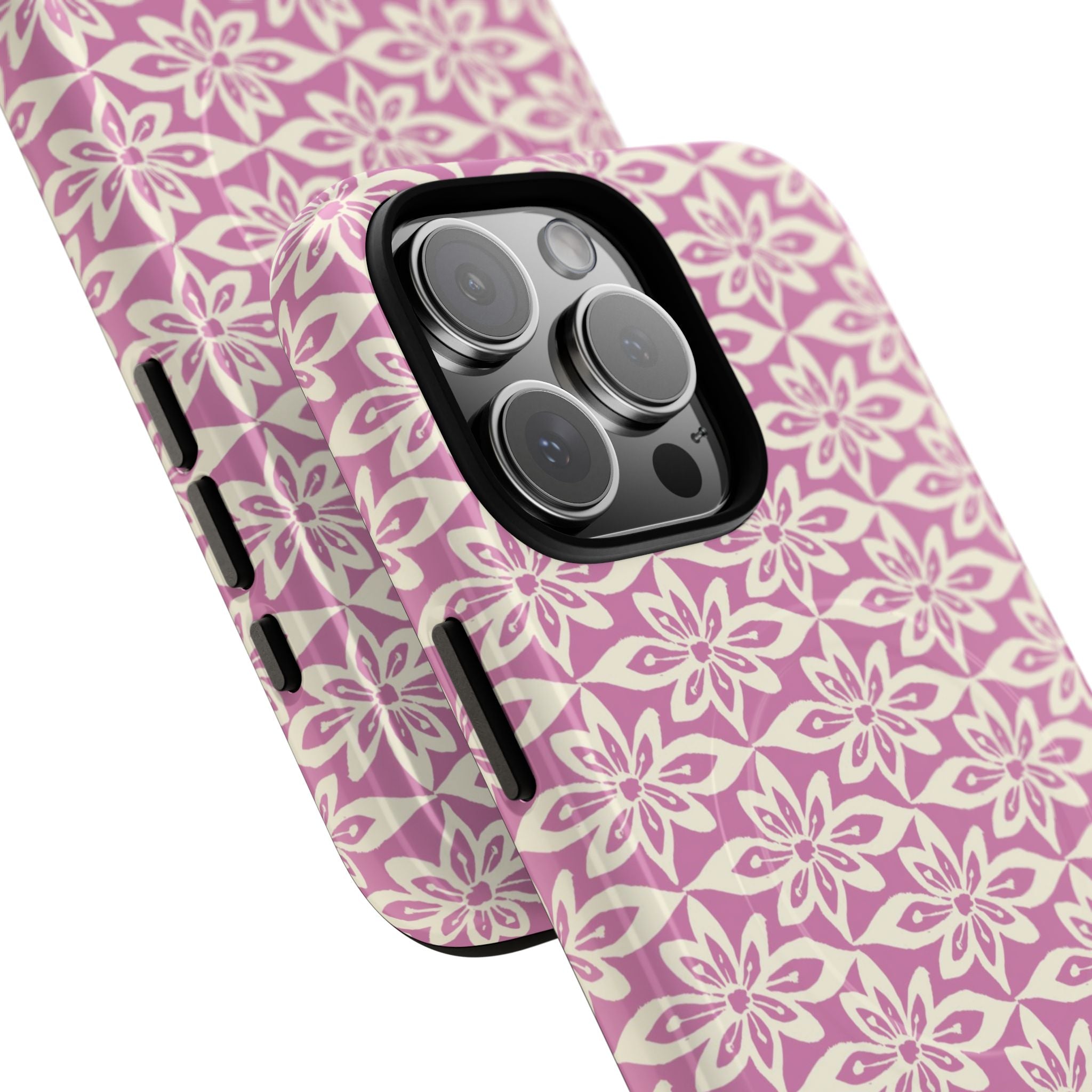 Lily Rose MagSafe iPhone 17 Case – Glossy | dual-layer construction detail showing case and inner lining with camera cutout and buttons — botanical MagSafe case by Kate Spain
