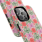 Pink Butterfly Tough iPhone 16 Pro Max Case – detail view of camera | pink, coral, green, cream butterfly floral print