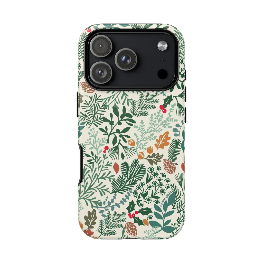 Juniper Tough iPhone 17 Pro Case – Matte | cream, green, red botanical woodland print