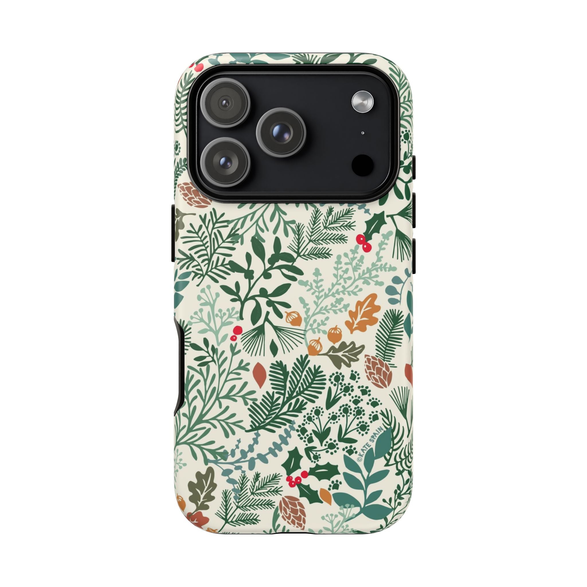 Juniper Tough iPhone 17 Pro Case – Matte | cream, green, red botanical woodland print