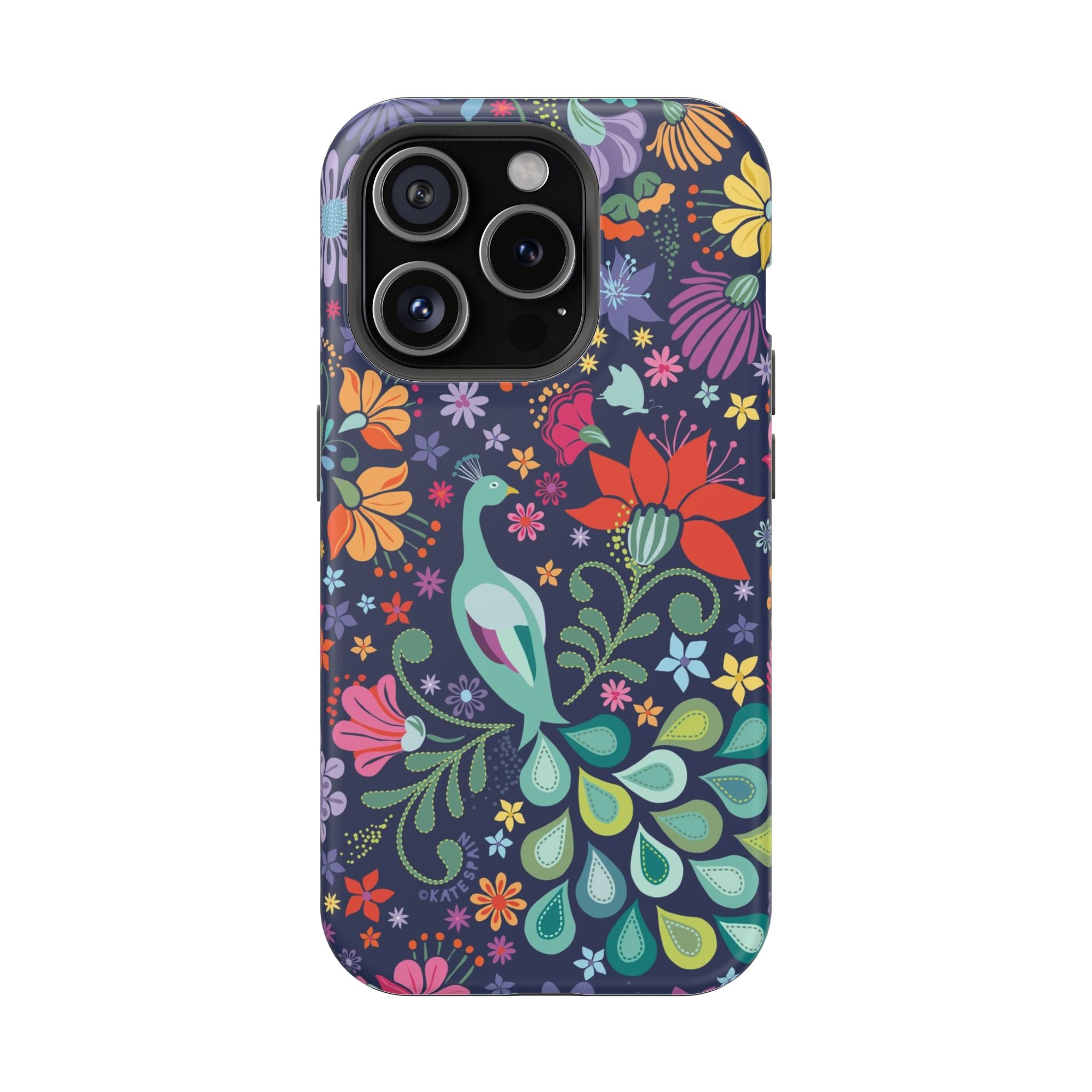 Peacock Sanctuary MagSafe iPhone 15 Pro Case – Matte | navy, teal, ivory peacock botanical print MagSafe compatible, dual-layer protection