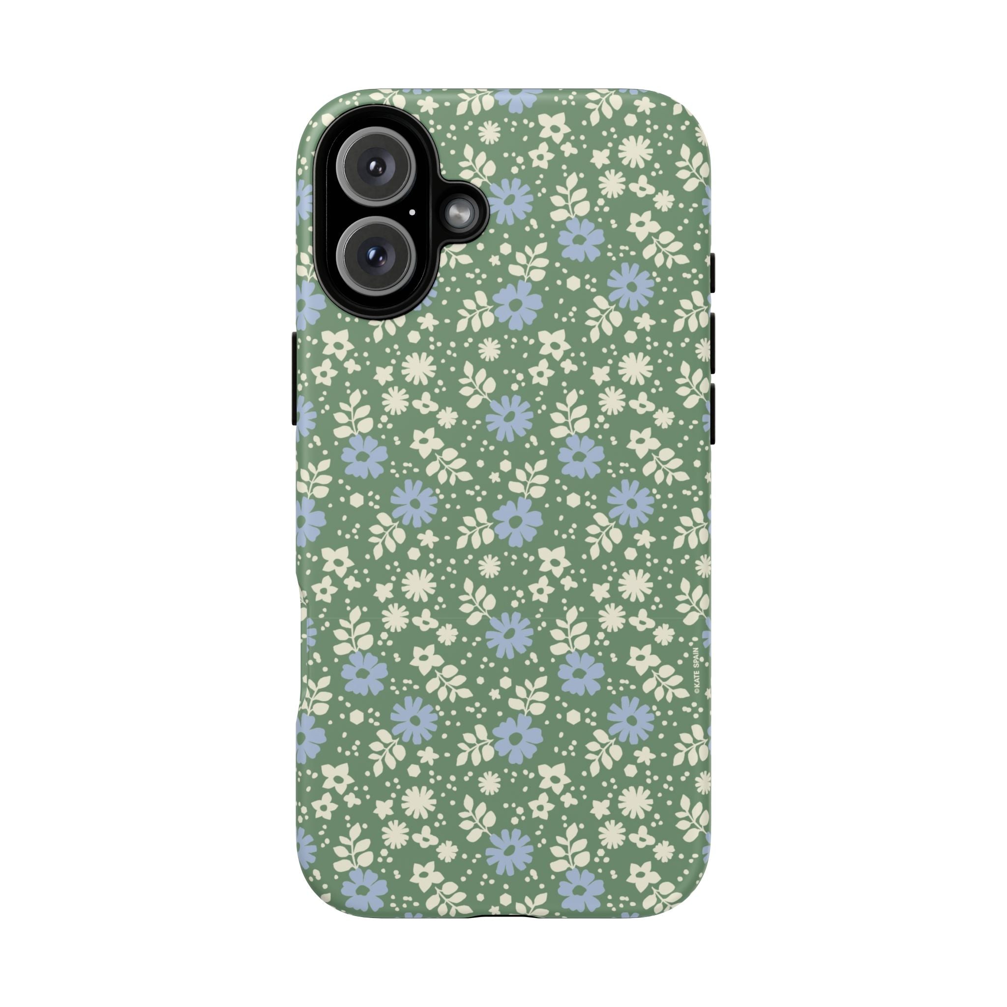 Petaline Tough iPhone 16 Plus Case – Matte | green, blue, cream ditsy floral print