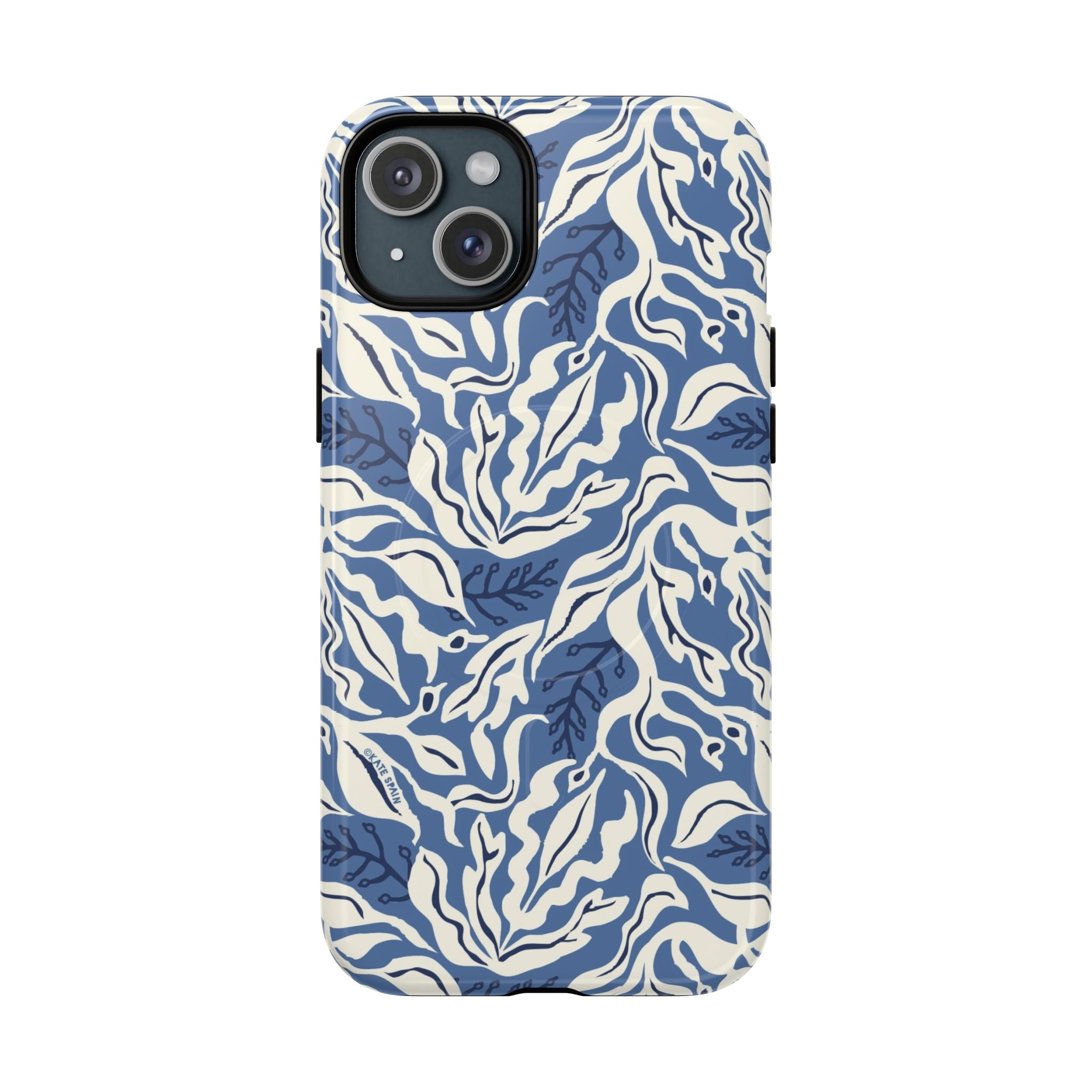 Ocean Tides MagSafe iPhone 15 Plus Case – Glossy | blue and white tidal bed ocean print
