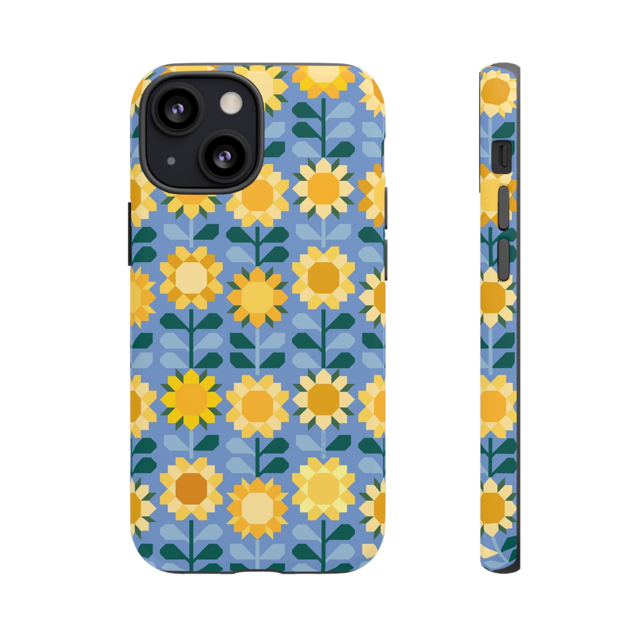 Sunflowers Tough iPhone 13 Mini Case – Matte | blue, yellow, gold geometric sunflower print