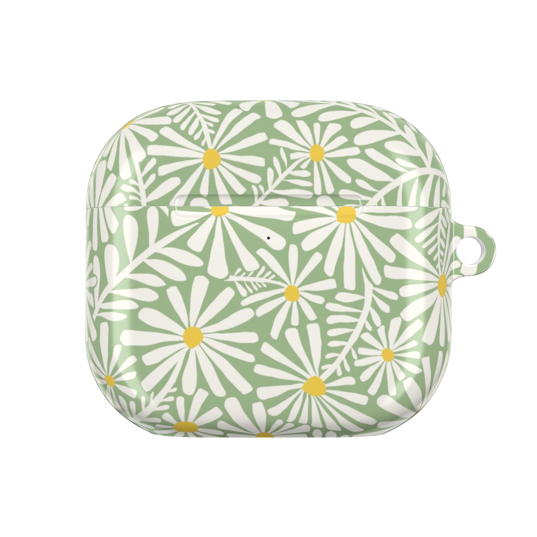 Montauk Daisy Meadow Green AirPods Gen 4 Case – Glossy | sage green, white graphic daisy and fern print, golden yellow centers | polycarbonate shell with carabiner