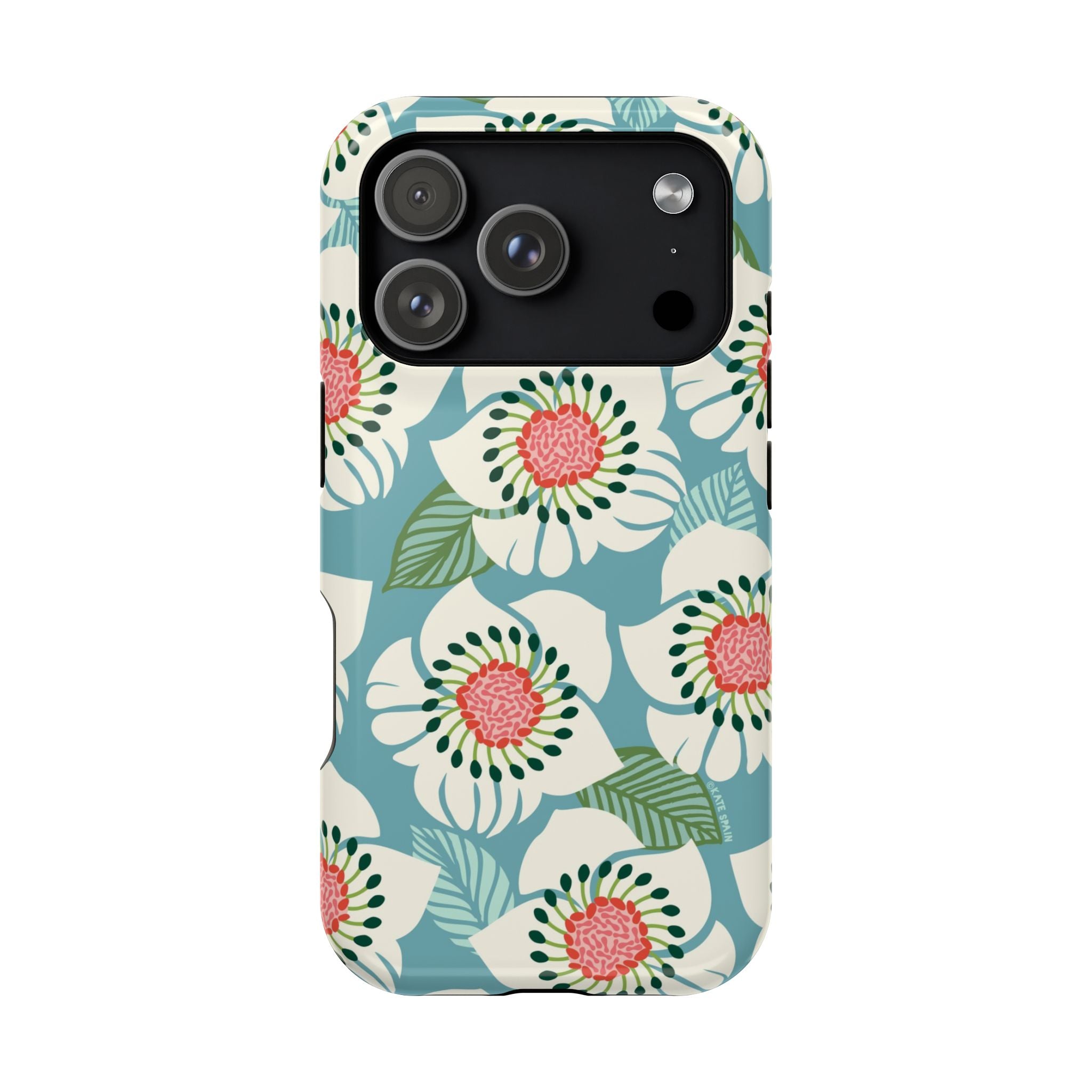 Panache Floral MagSafe iPhone 17 Pro Case – Glossy | sky blue, pale cream, pink anemone floral print