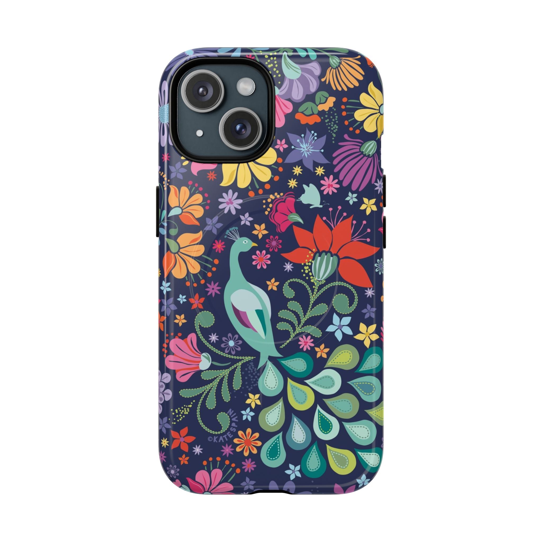 Peacock Sanctuary MagSafe iPhone 15 Case – Glossy | navy, teal, coral multicolor vibrant peacock feather botanical print