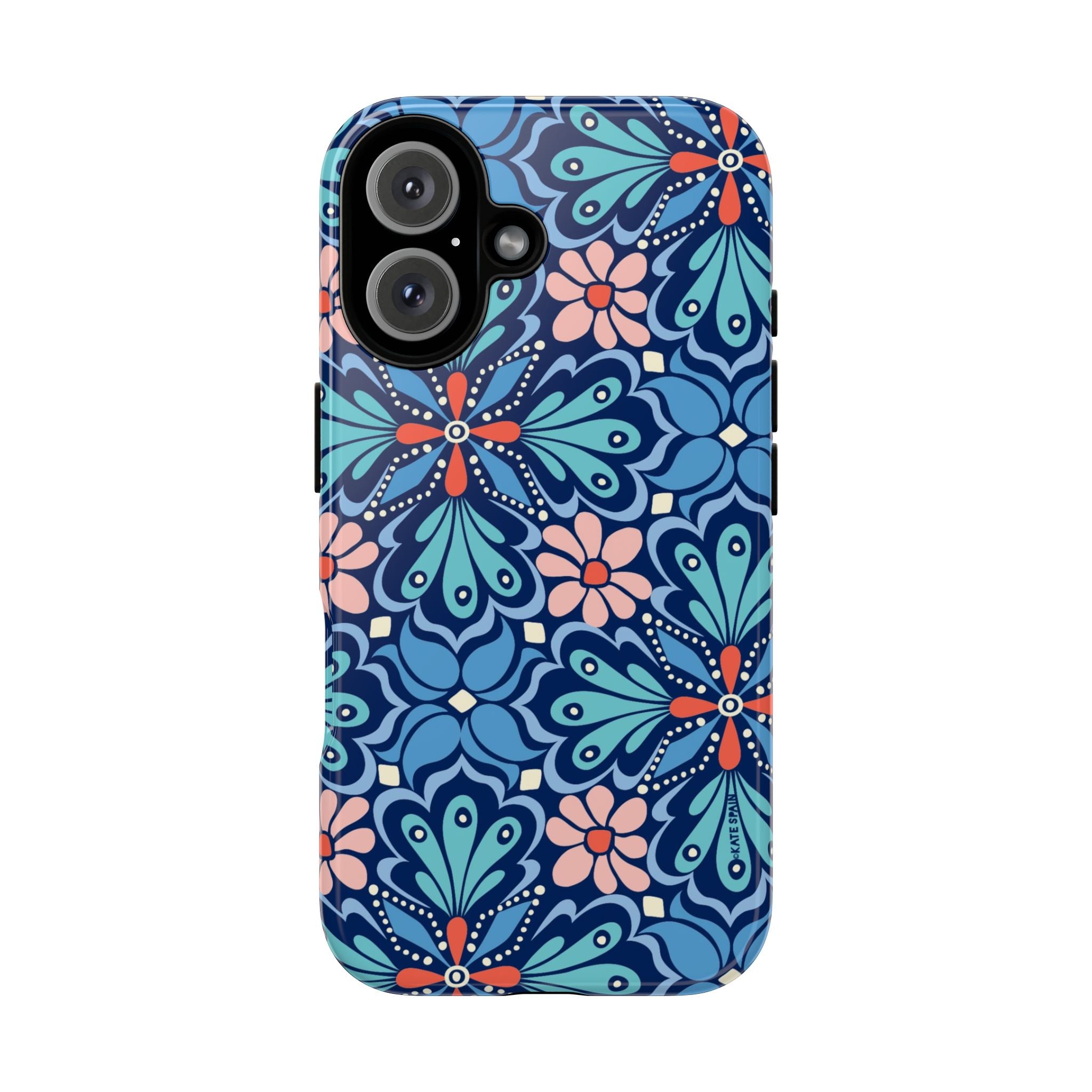 Bolero Tough iPhone 16 Case – Glossy | navy, cobalt, blush geometric medallion floral print