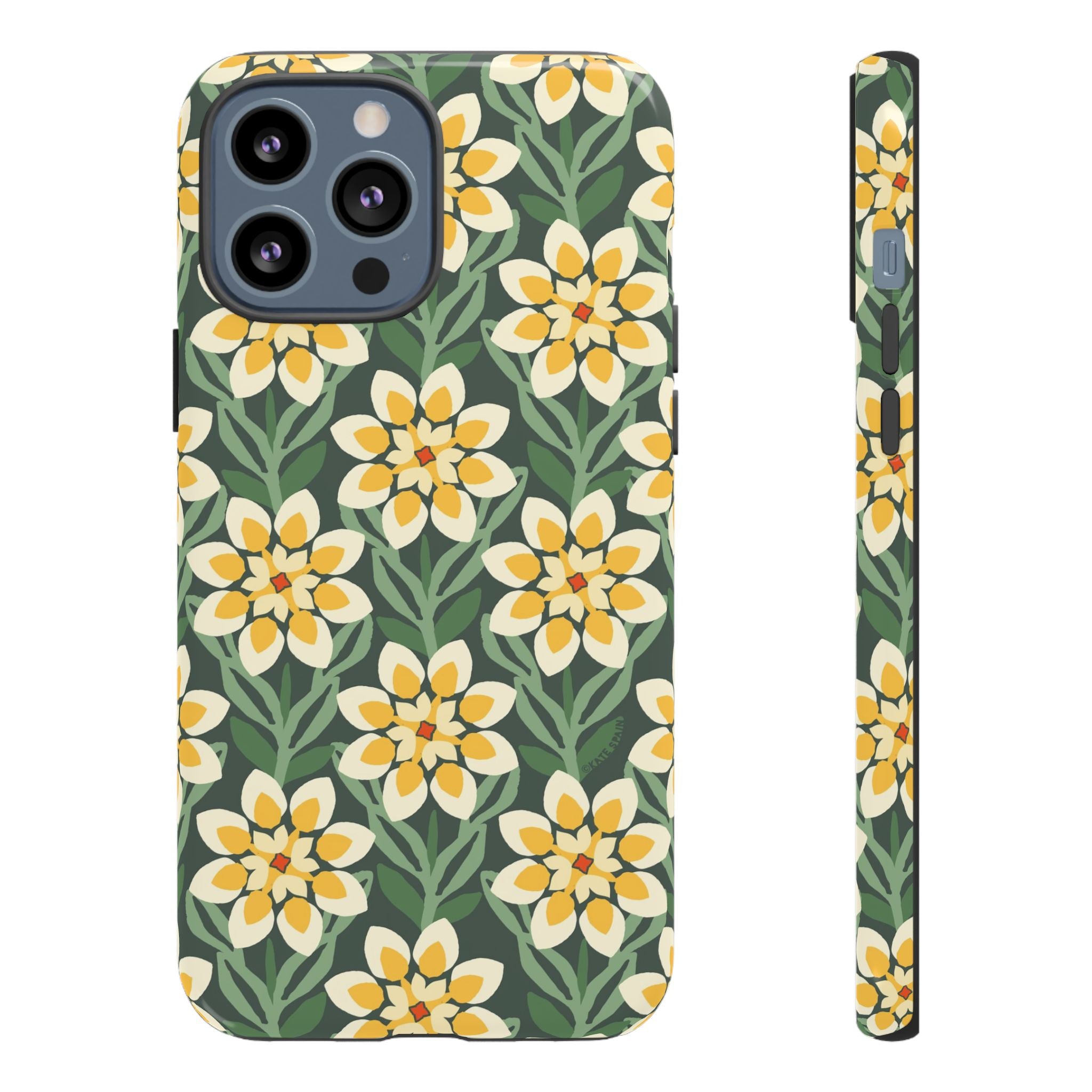 Designer Modern Dahlia Tough iPhone 13 Pro Max Case – Glossy | yellow, cream, green dahlia floral print