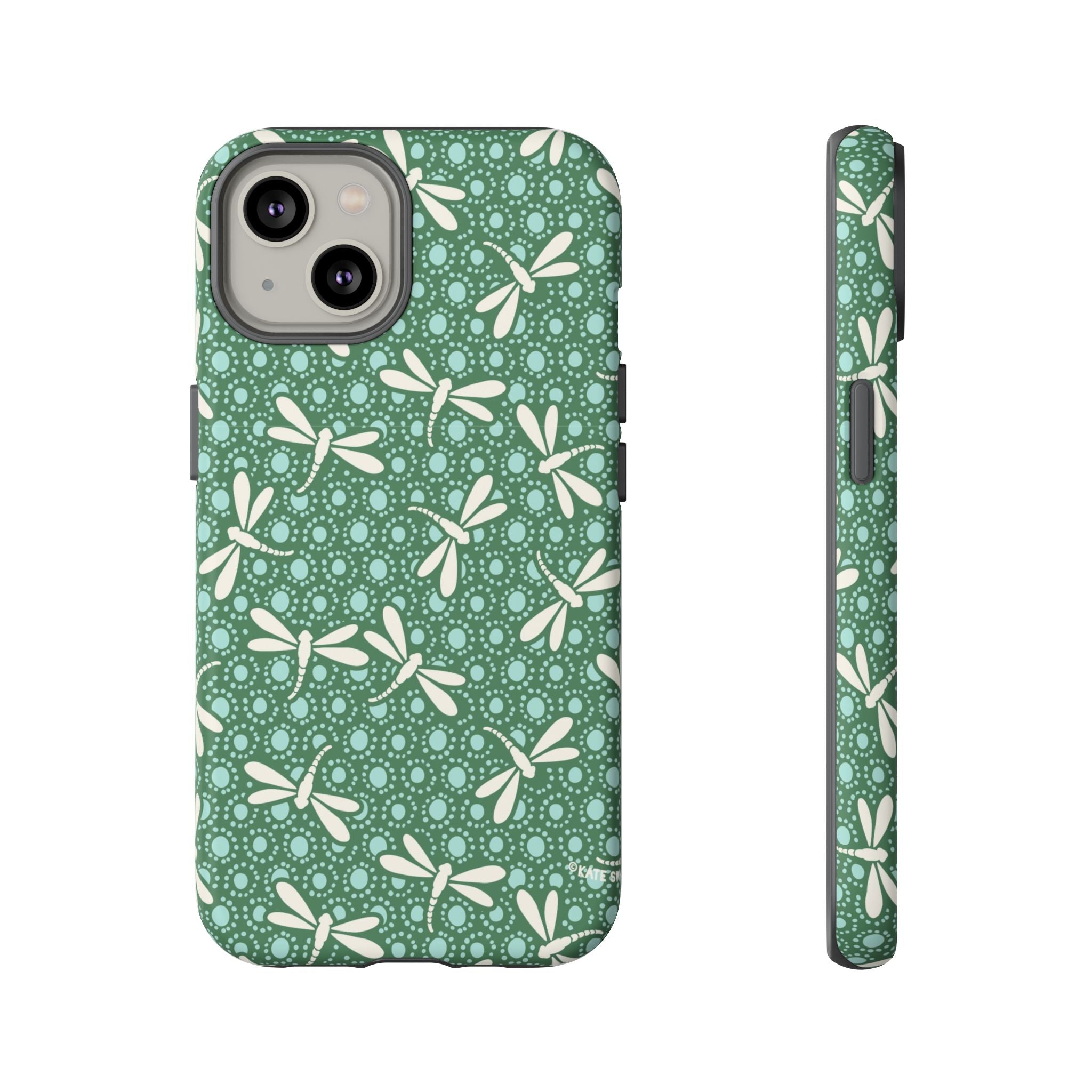 Designer Dragonfly Tough iPhone 14 Case – Matte | jade green, aqua, cream dragonfly print