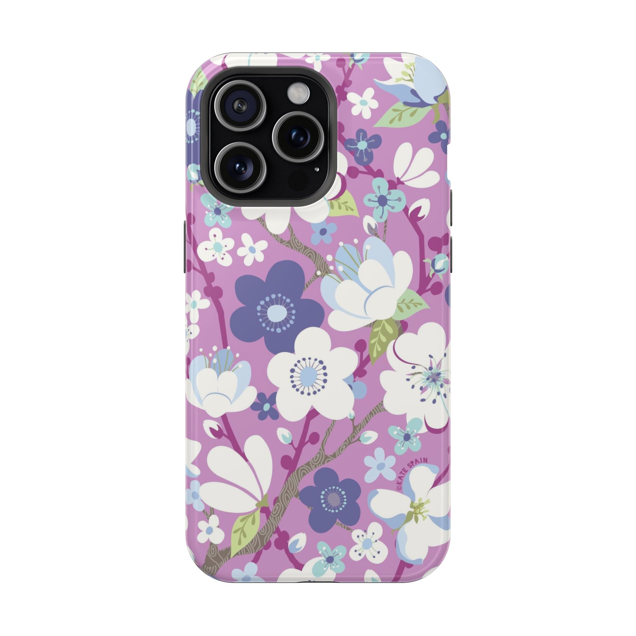 Luxury Cherry Blossom MagSafe iPhone 15 Pro Max Case – Glossy | mauve, purple, blue, white cherry blossom print