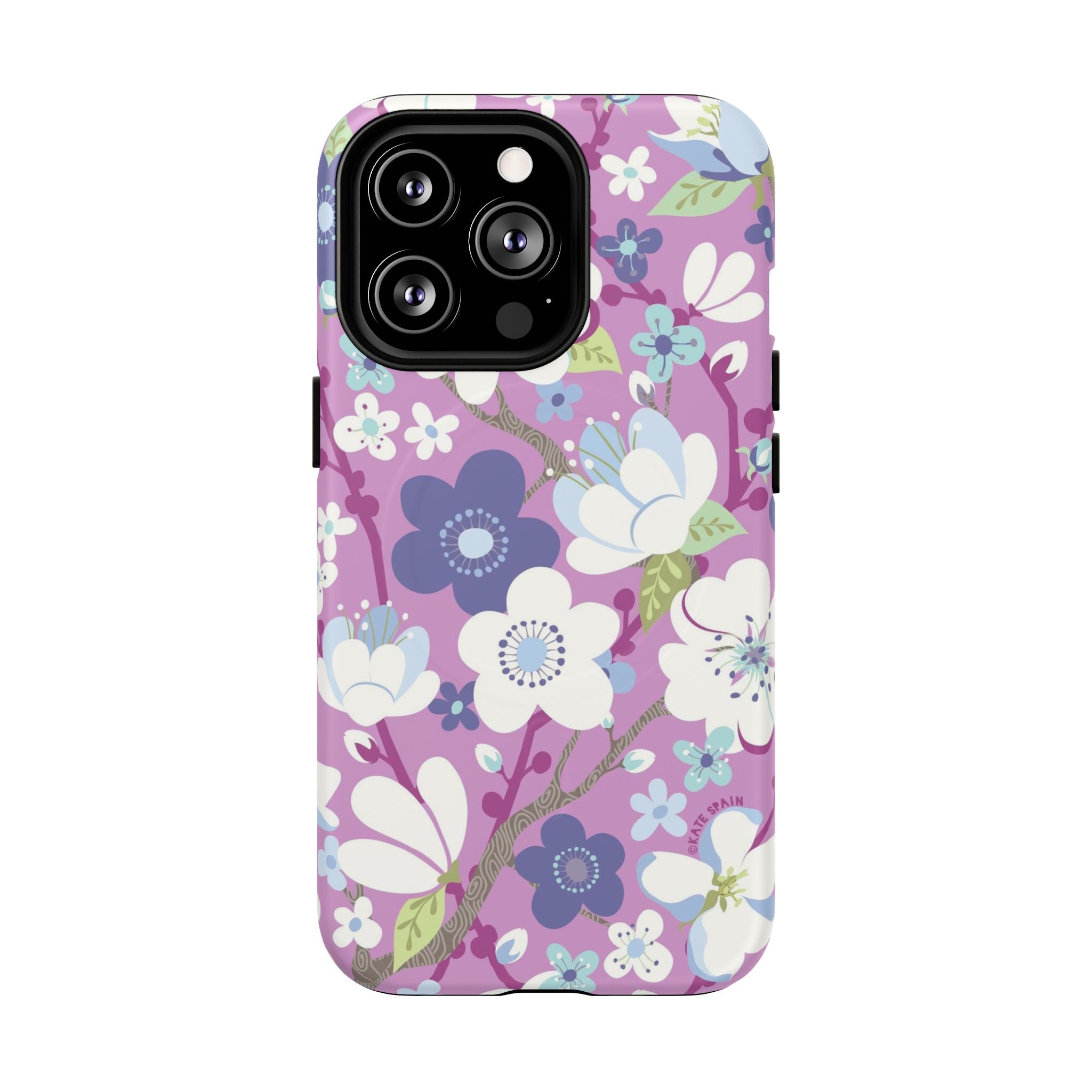 Purple Cherry Blossom MagSafe iPhone 13 Pro Case – Matte | mauve, purple, blue, white cherry blossom print