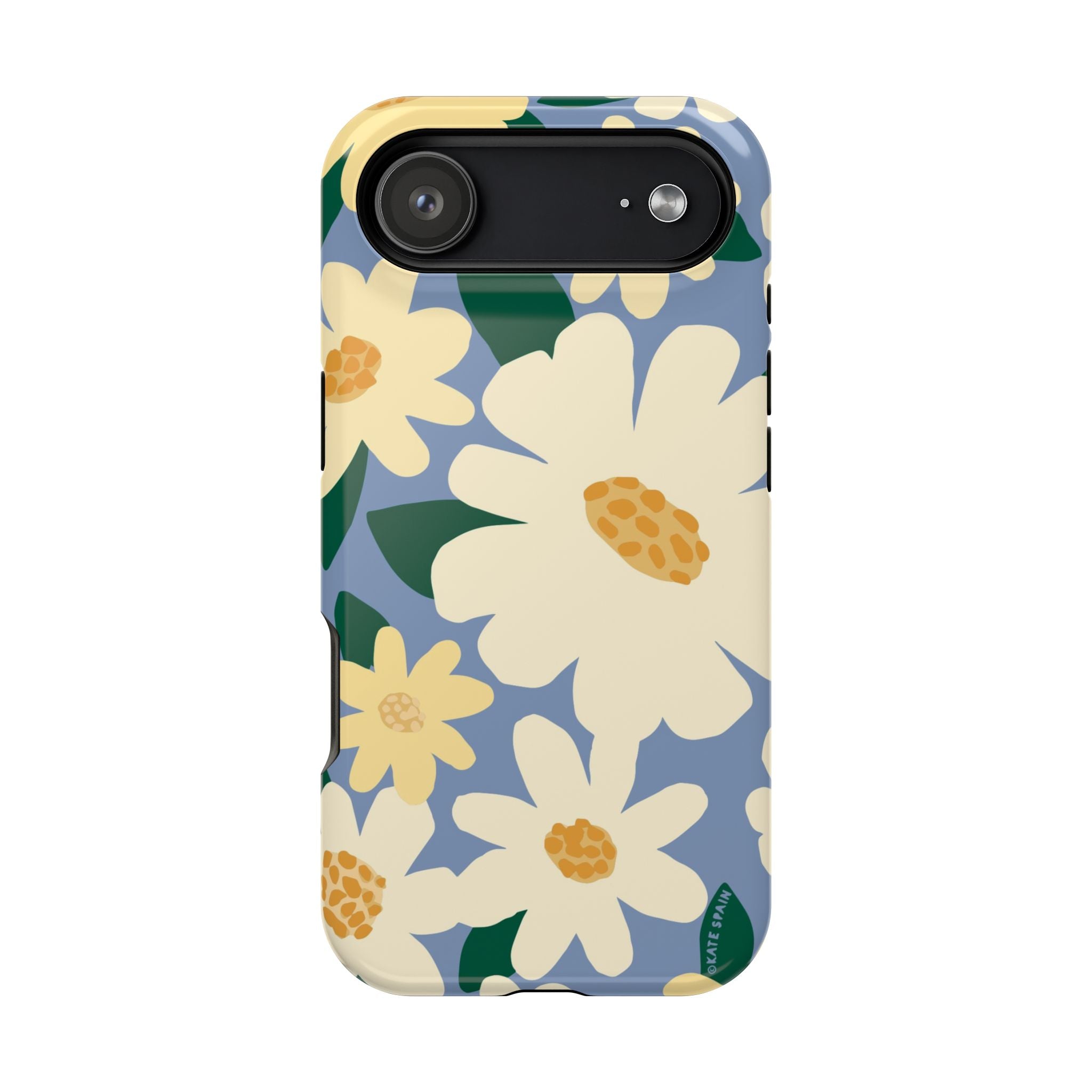 Chamomile MagSafe iPhone 17 Air Case – Glossy | periwinkle, cream, yellow botanical daisy floral print MagSafe compatible, dual-layer protection