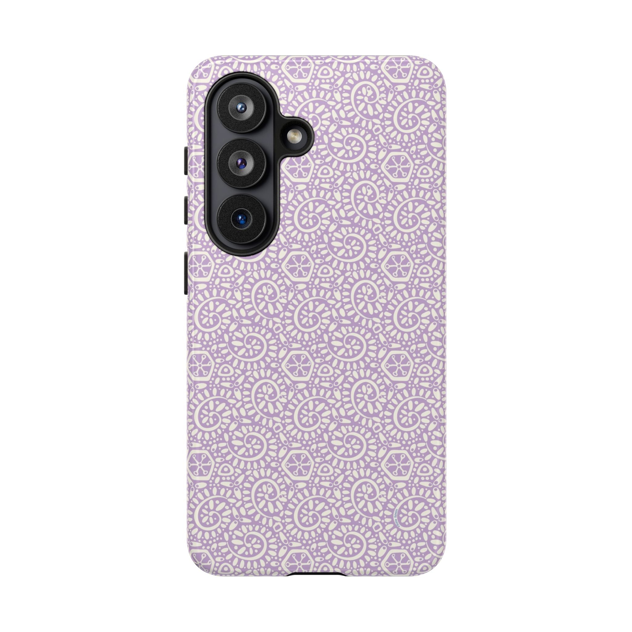 Canto Swirls Lavender Samsung Galaxy S26 Glossy Case — lavender hard case covered in an intricate folk-art medallion pattern of radiating circular motifs, dot clusters, and geometric centers