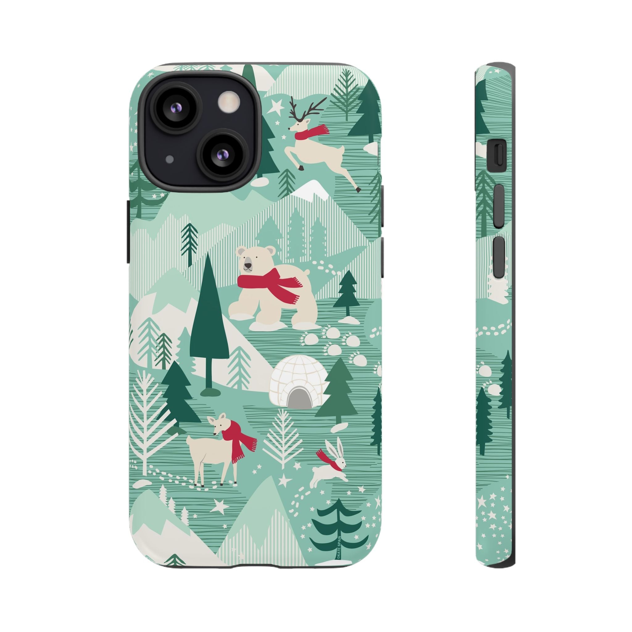 Arctica Winter Tough iPhone 13 Mini Case – Matte | aqua, evergreen, white, animal frolic winter wonderland print