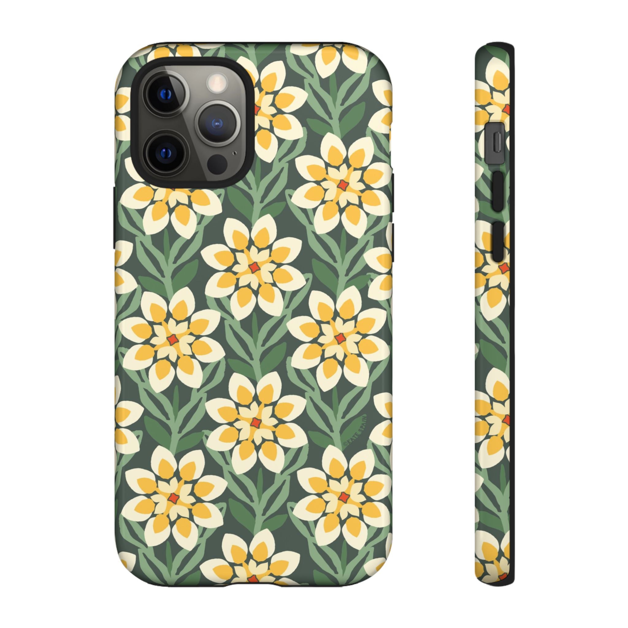 Designer Modern Dahlia Tough iPhone 12 Pro Case – Glossy | yellow, cream, green dahlia floral print