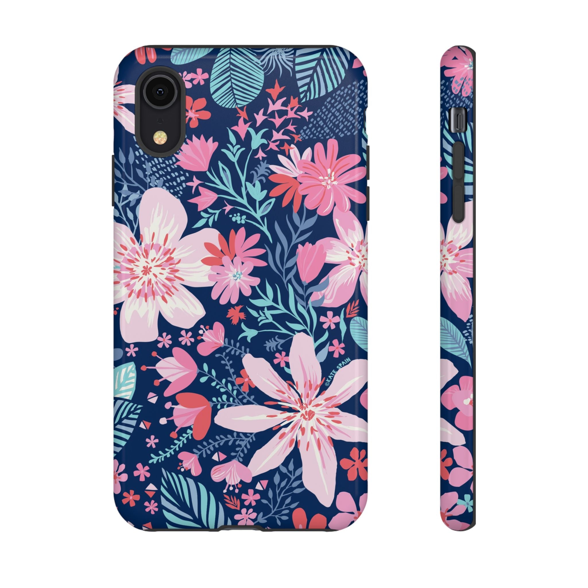 Bonaire Tough iPhone XR Case – Glossy | navy, pink, white tropical floral botanical print