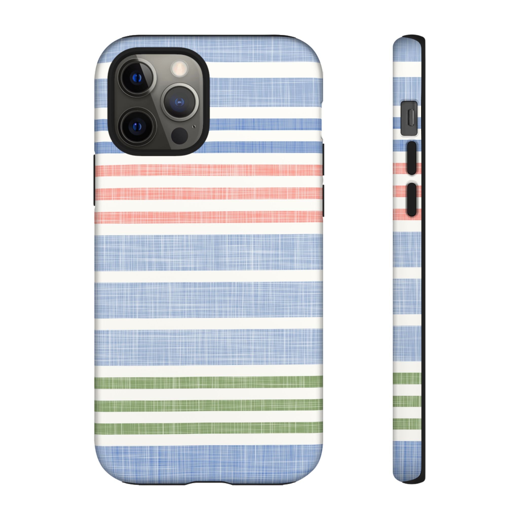 Cabana Stripe Pastel Tough iPhone 12 Pro Case – Matte | soft blue, coral, sage green chambray-textured stripe print dual-layer protection