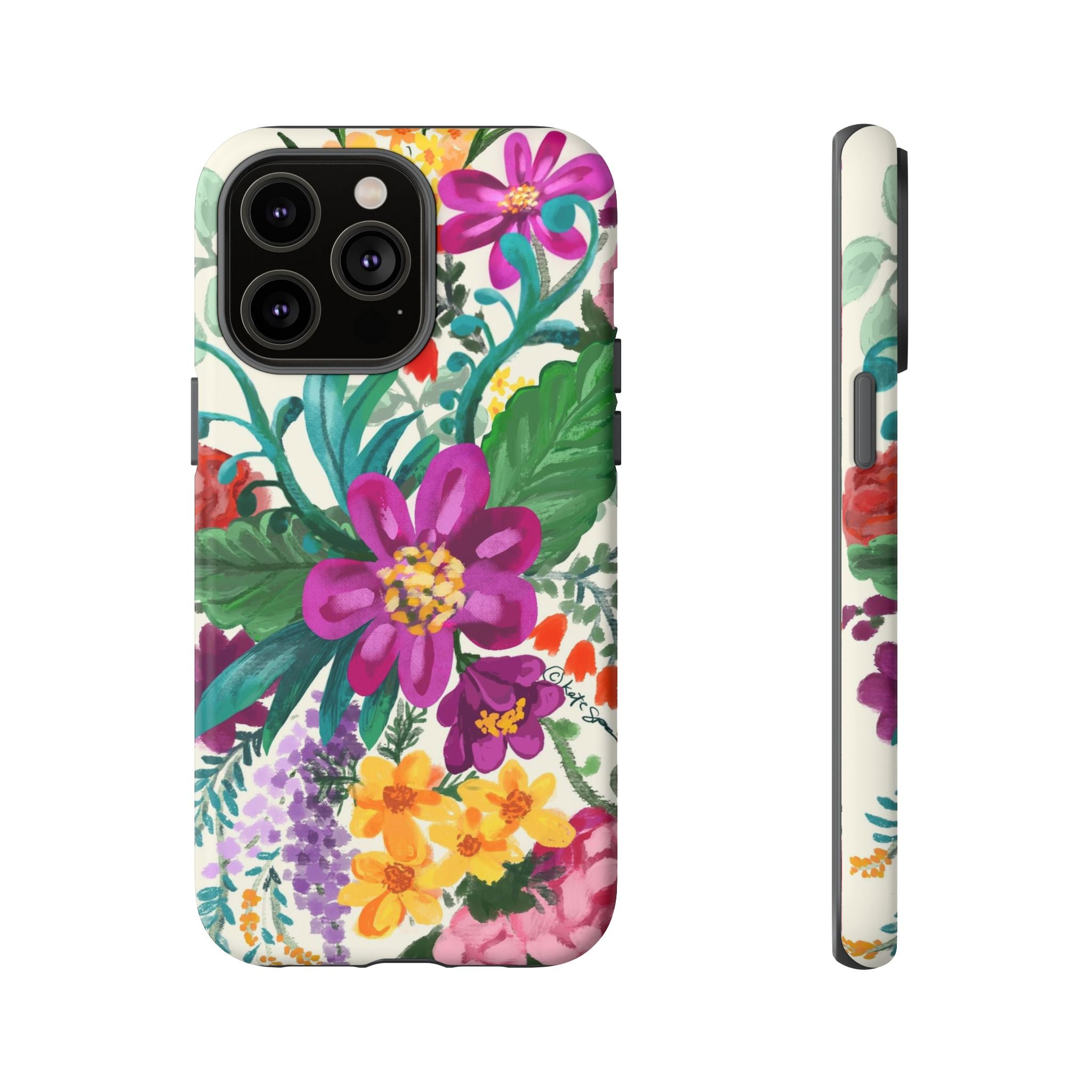 Posy Tough iPhone 14 Pro Max Case – Matte | cream, magenta, coral botanical floral print