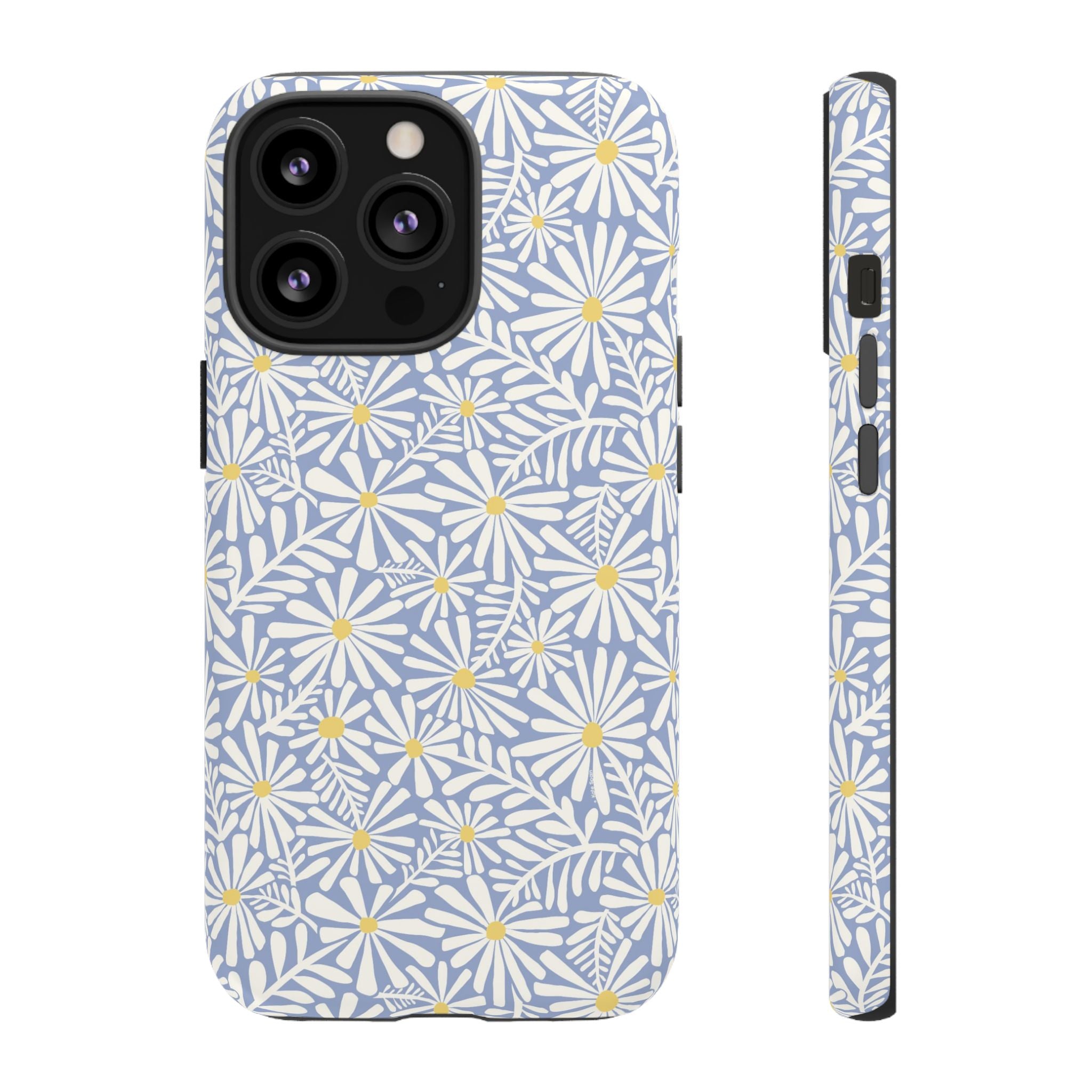 Montauk Daisy Cottage Blue iPhone 13 Pro Case – Matte | periwinkle blue, white graphic daisy and fern print, golden yellow centers | dual-layer protection