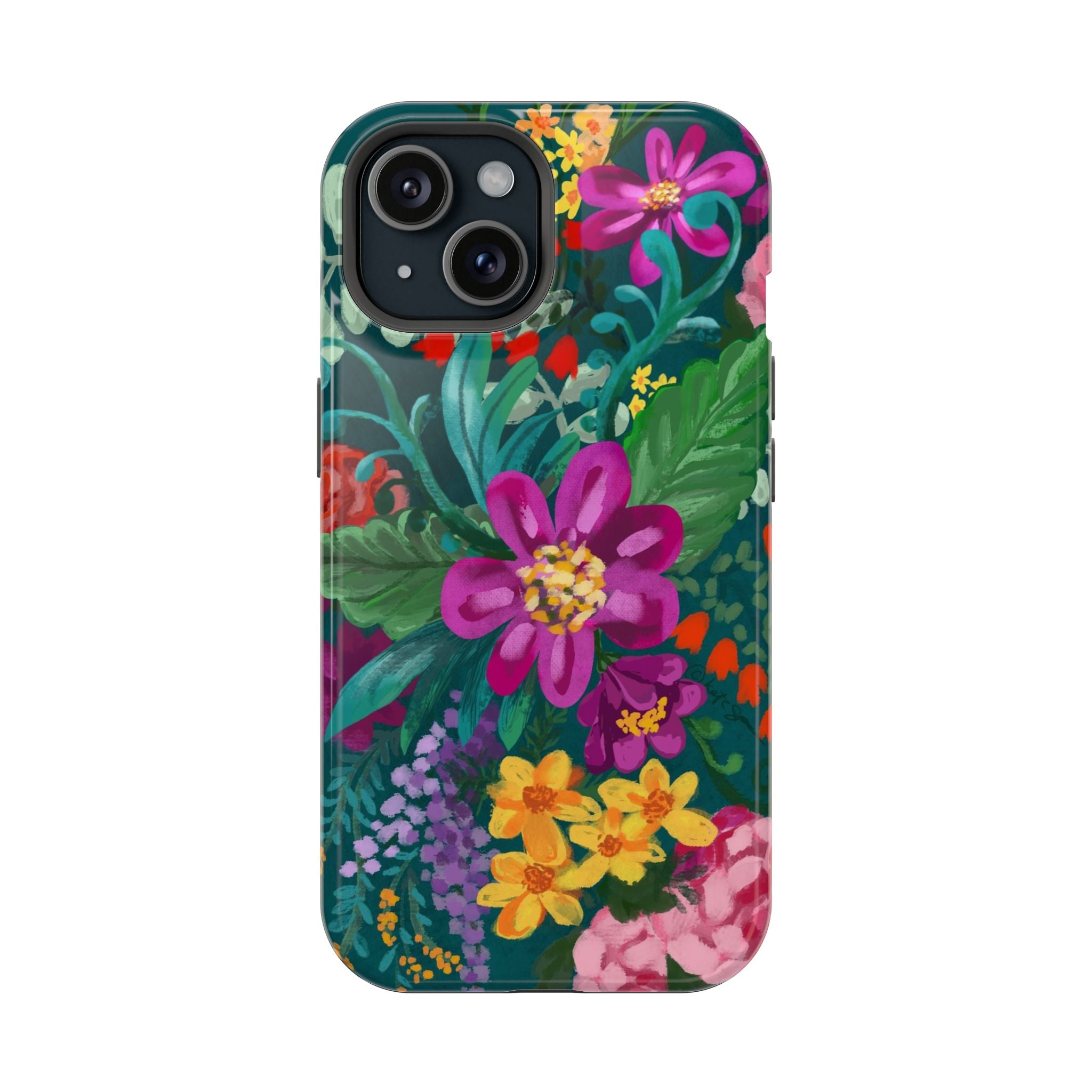 Posy MagSafe iPhone 15 Case – Glossy | teal, magenta, yellow, pink vibrant botanical floral print