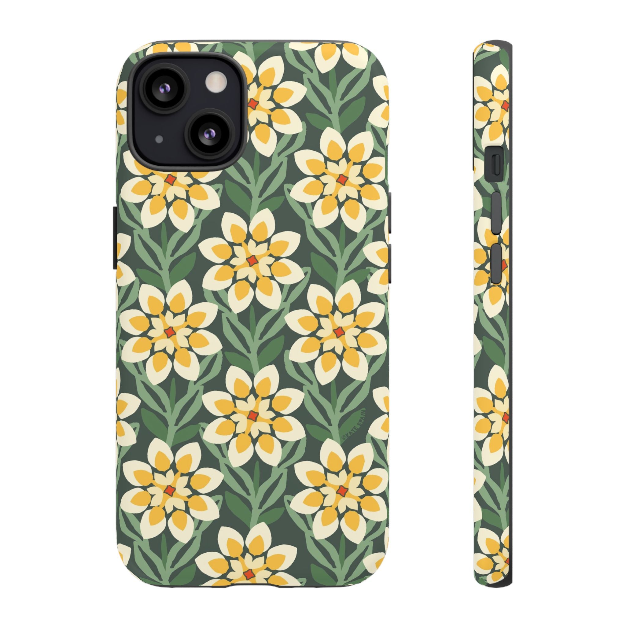 Designer Modern Dahlia Tough iPhone 13 Case – Matte | yellow, cream, green dahlia floral print