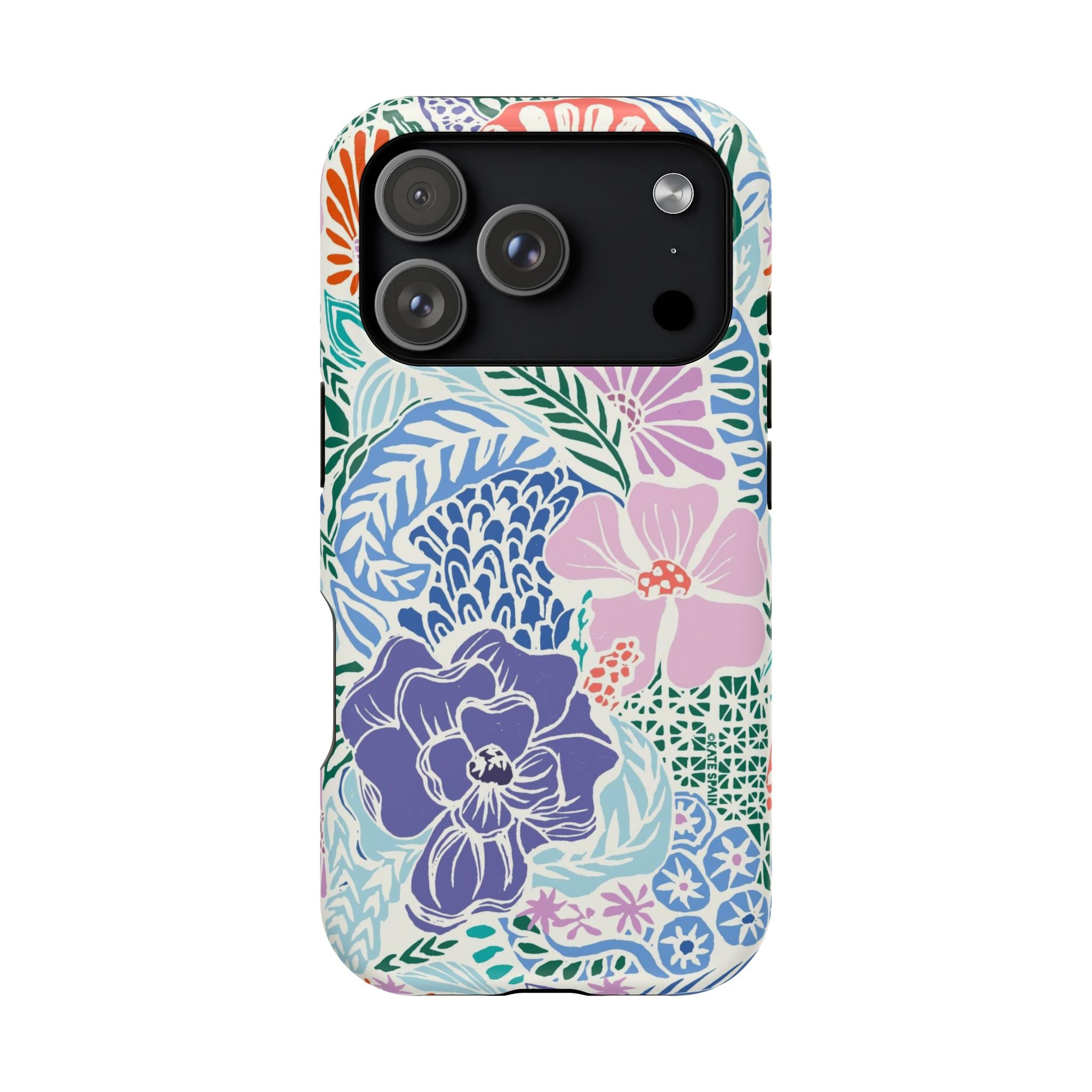 Tropica MagSafe iPhone 17 Pro Case – Matte | purple, coral, pink, blue botanical tropical floral print MagSafe compatible, dual-layer protection