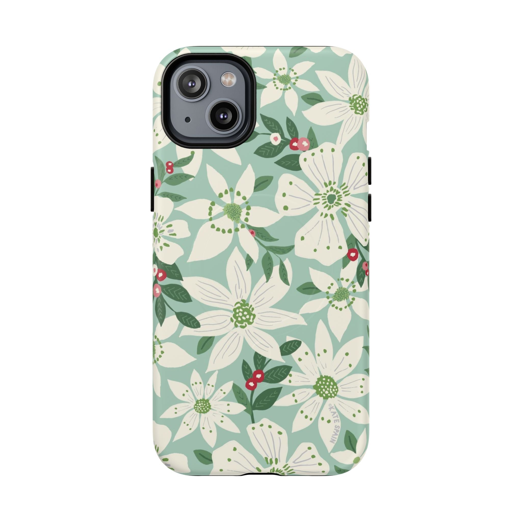 Gardenia MagSafe iPhone 14 Plus Case – Matte | light blue, white, green, red gardenia botanical print
