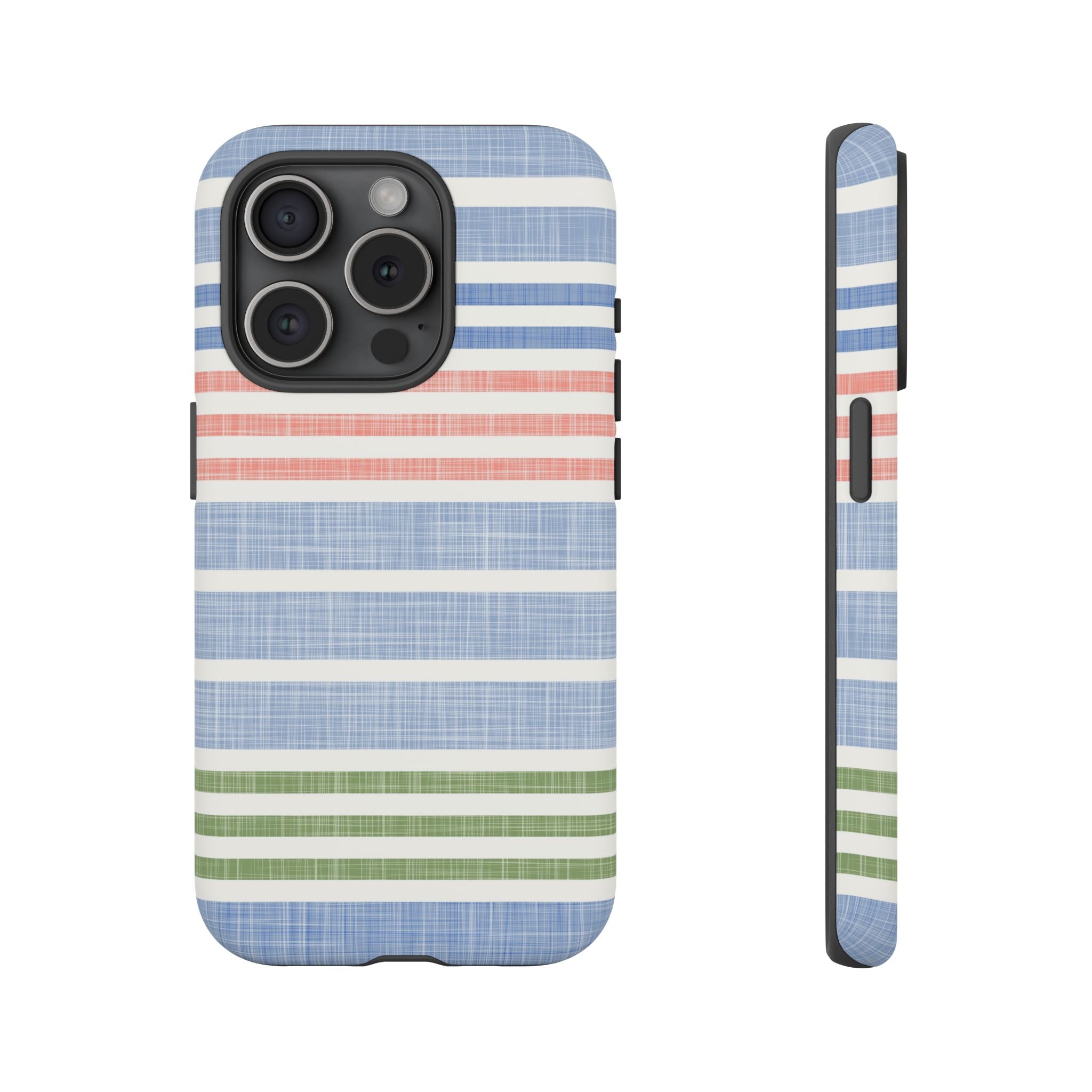 Cabana Stripe Pastel Tough iPhone 15 Pro Case – Matte | soft blue, coral, sage green chambray-textured stripe print dual-layer protection
