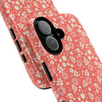 Petaline Tough iPhone 16 Pro Max Case – detail of camera cutout | coral, pink, cream ditsy floral print