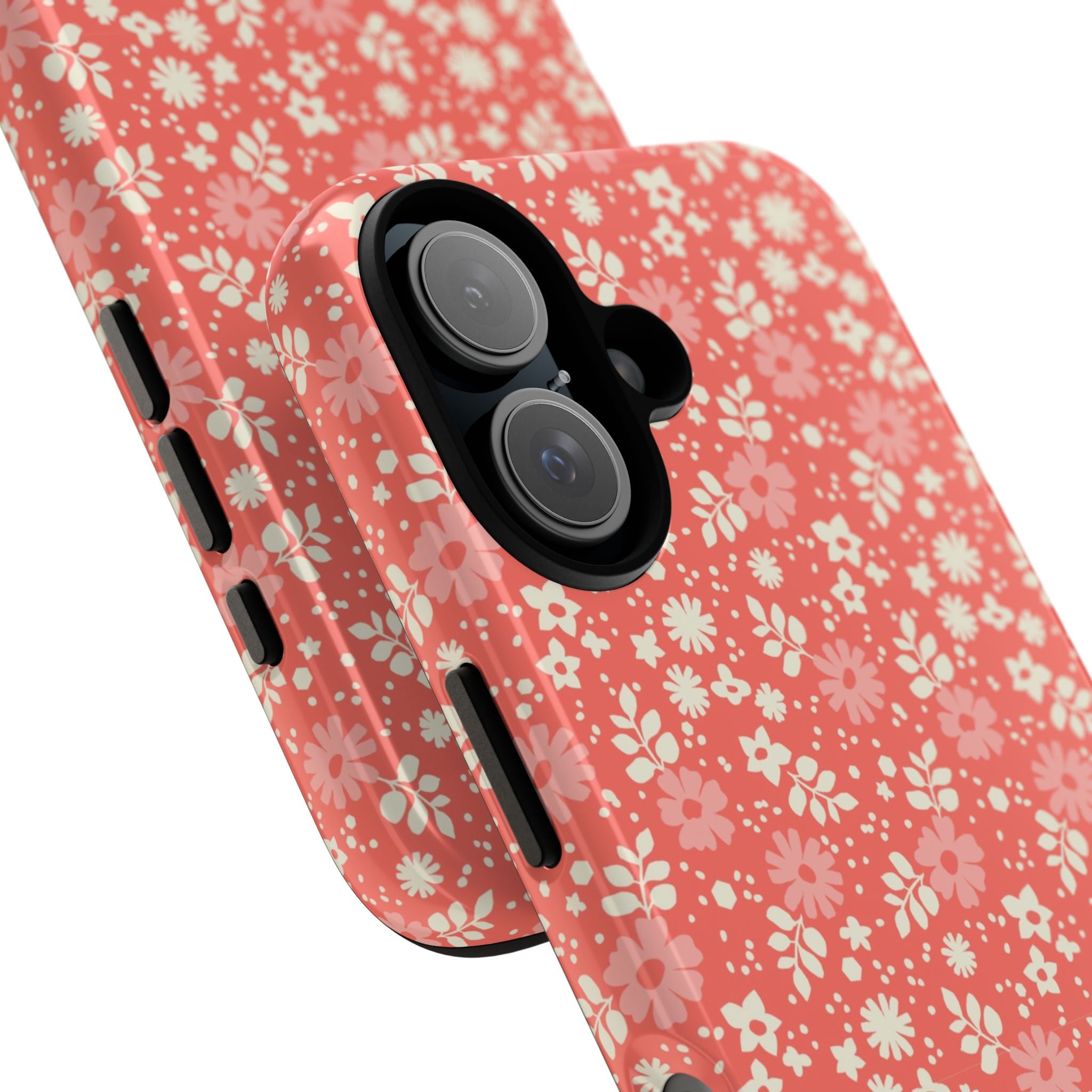 Petaline Tough iPhone 16 Pro Max Case – detail of camera cutout | coral, pink, cream ditsy floral print
