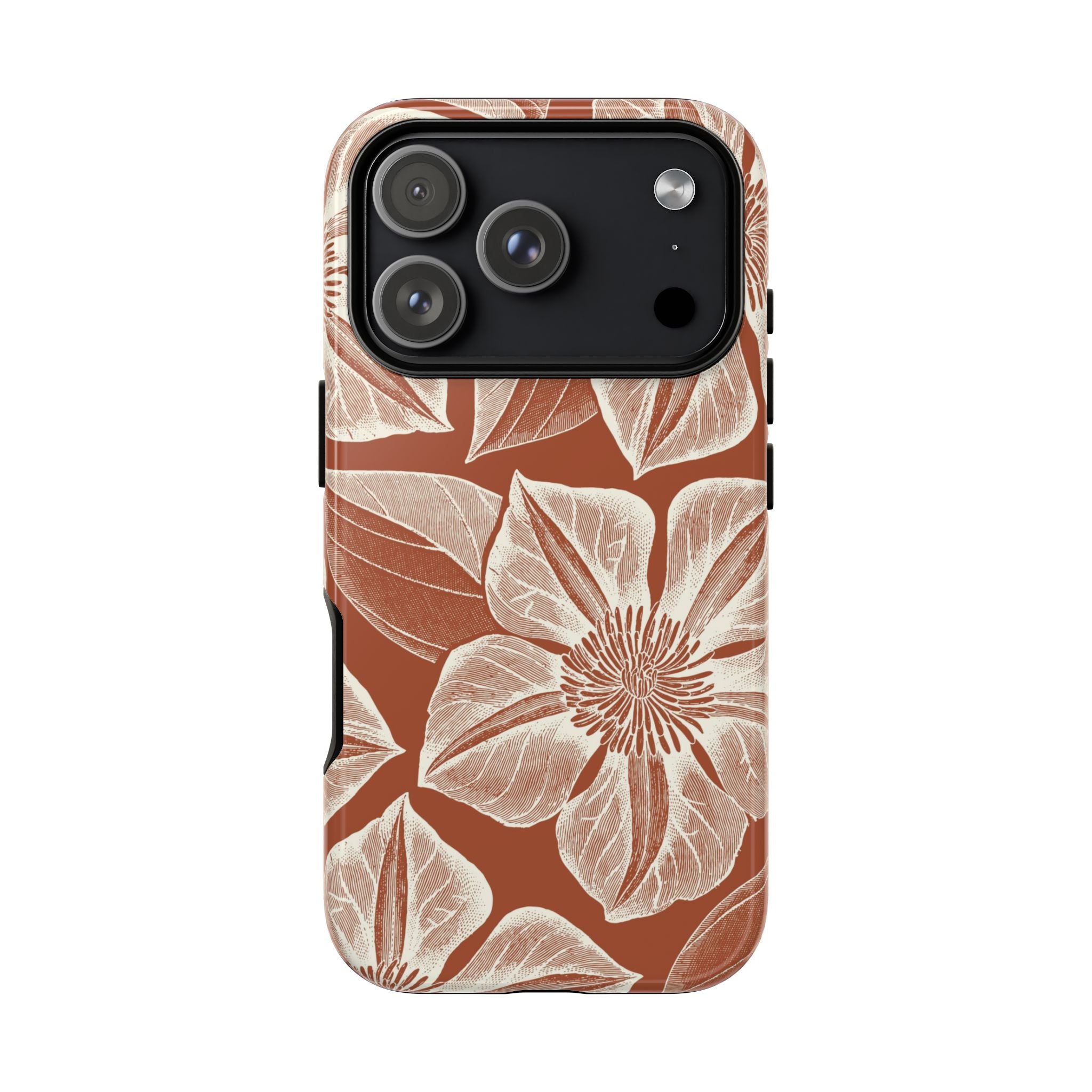 Vintage Bloom Sienna iPhone 17 Pro case – Glossy | sienna ground, large-scale cream clematis print, engraved petal detail, dual-layer protection