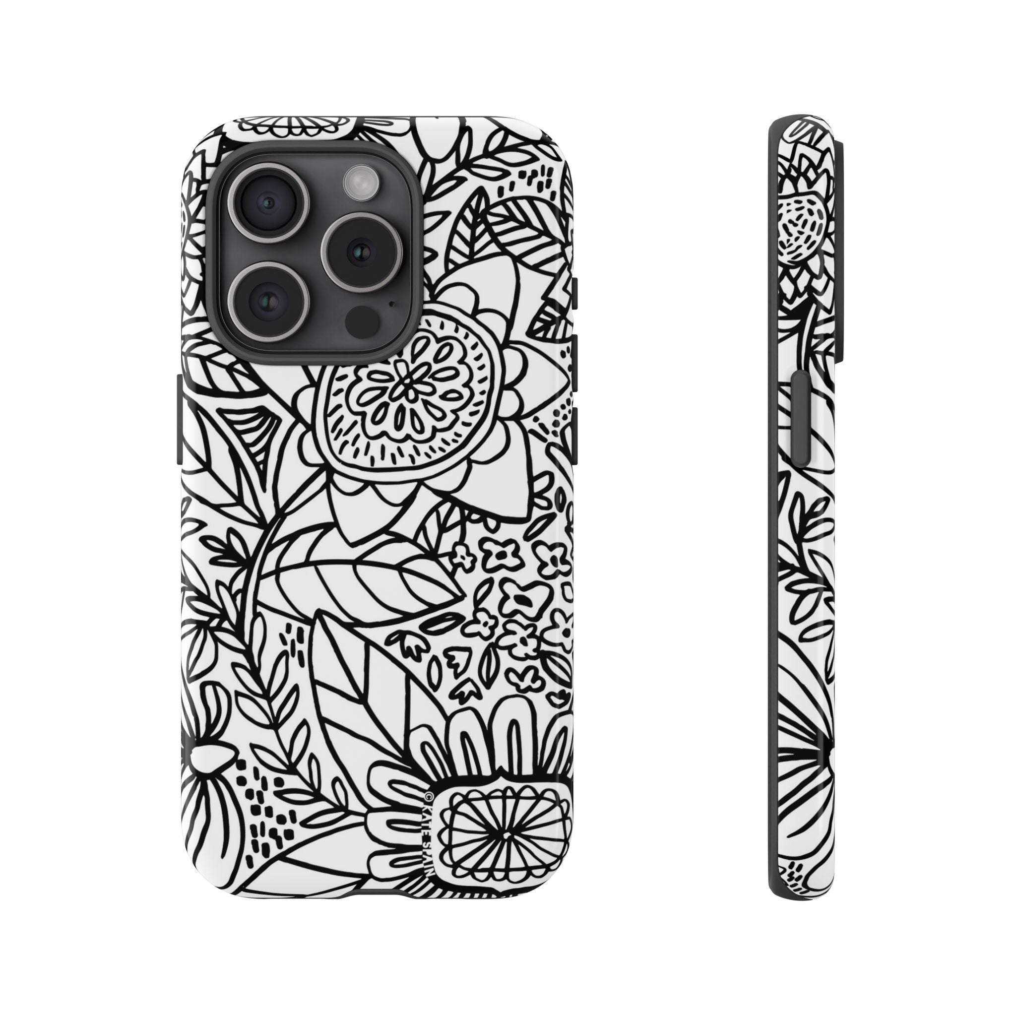 Esprit Tough iPhone 15 Pro Case – Glossy | white, black botanical line art floral print