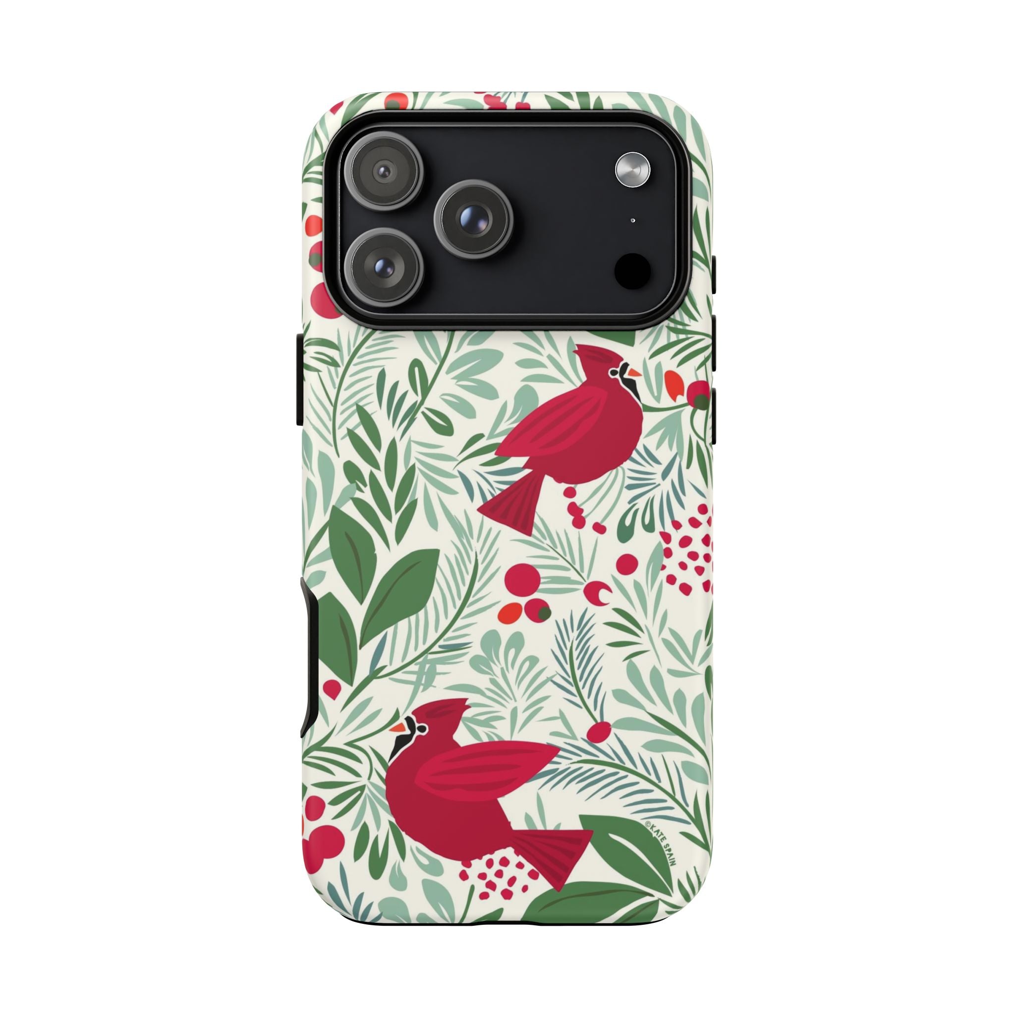 Birds and Berries Tough iPhone 17 Pro Max Case – Matte | cream, red, green botanical cardinal berry print