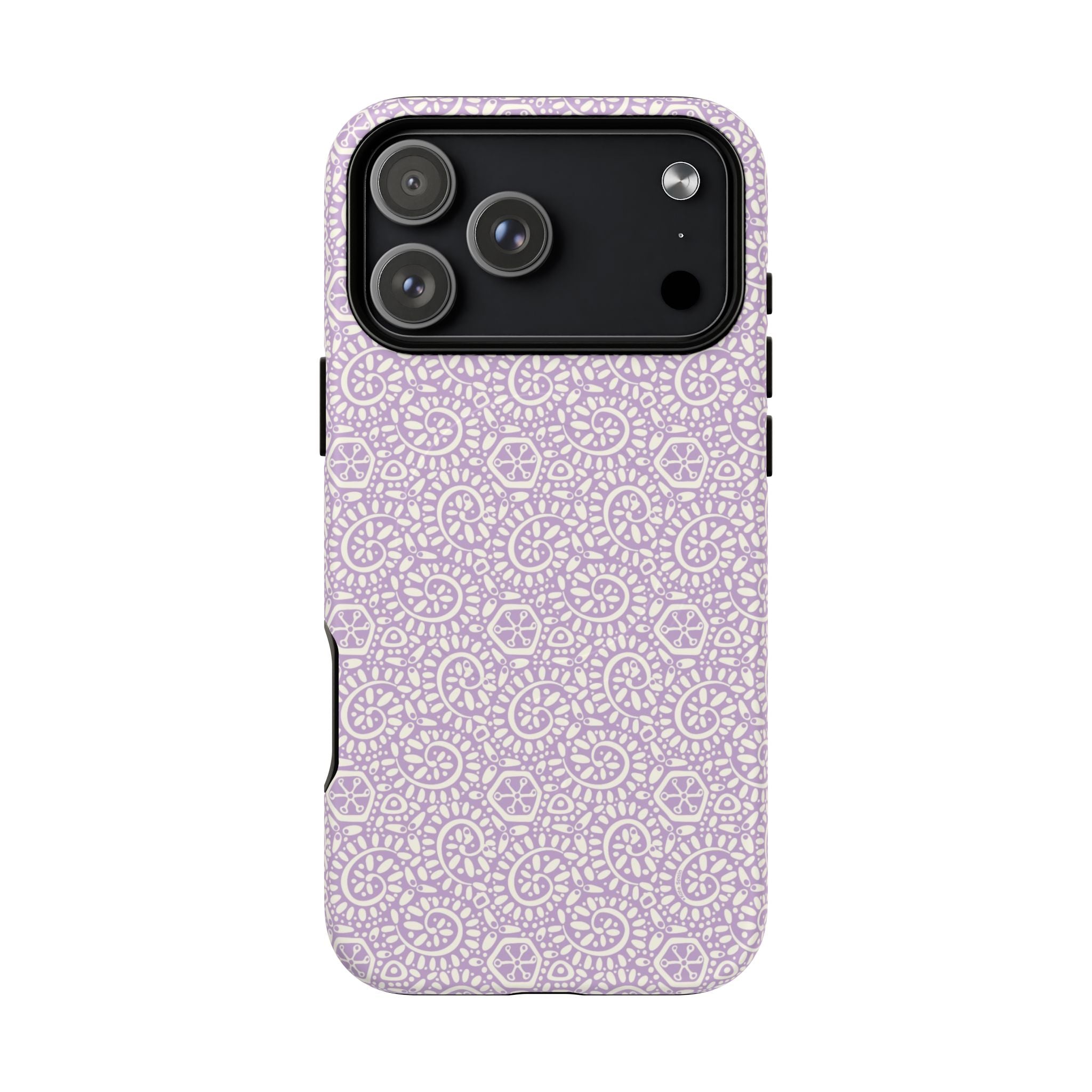 Canto Swirls Lavender MagSafe iPhone 17 Pro Max Matte Case — lavender hard case covered in an intricate folk-art medallion pattern of radiating circular motifs, dot clusters, and geometric centers