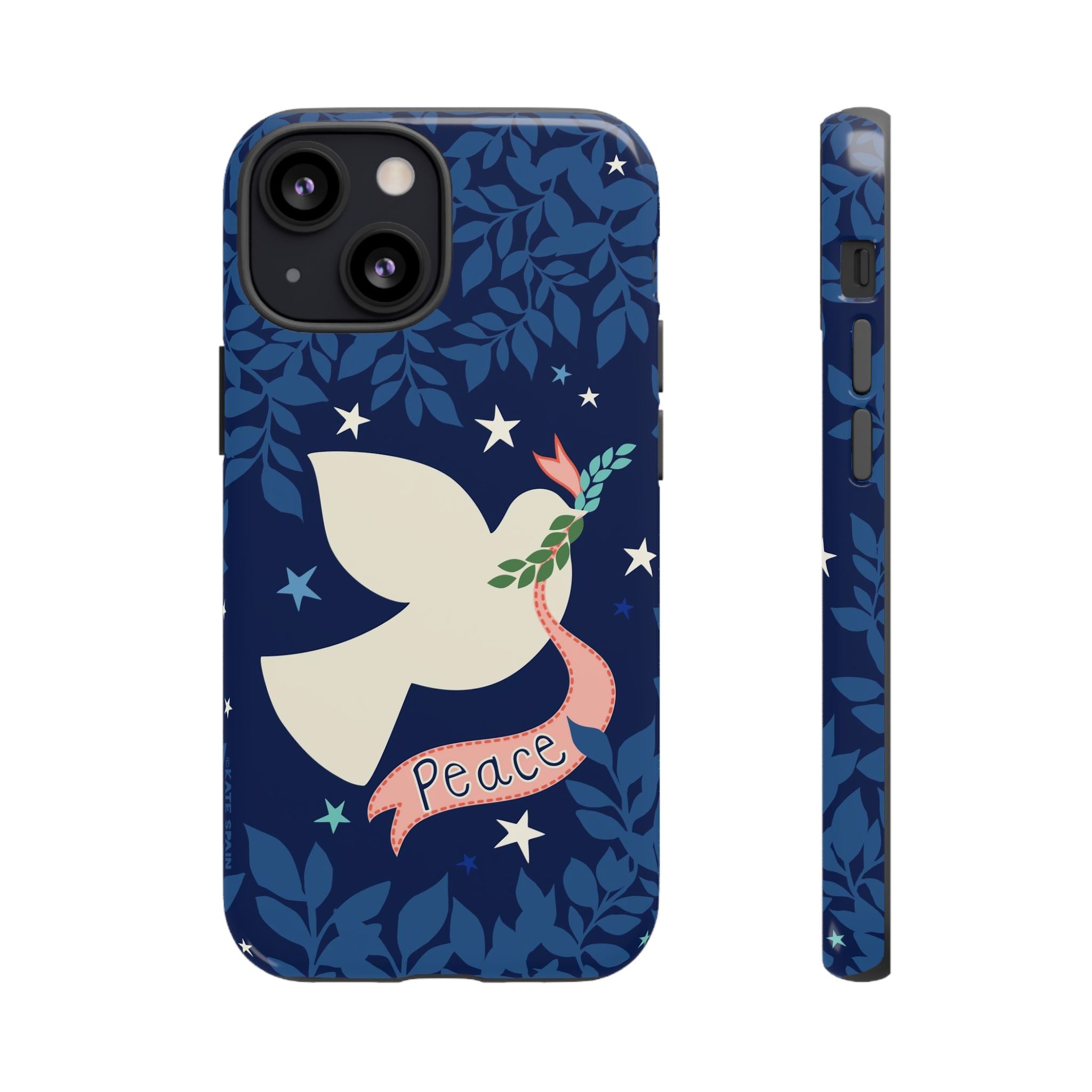 Peace Tough iPhone 13 Mini Case – Glossy | navy, cream peace dove, stars, botanical print