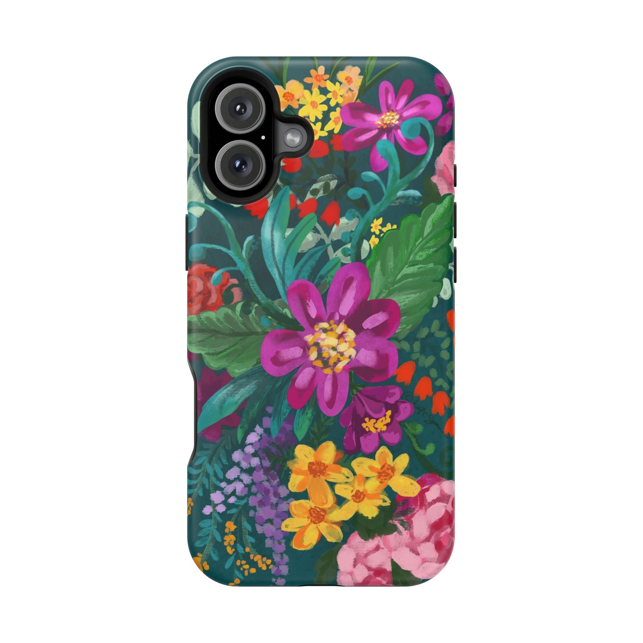 Posy MagSafe iPhone 16 Plus Case – Matte | teal, magenta, yellow, pink vibrant botanical floral print
