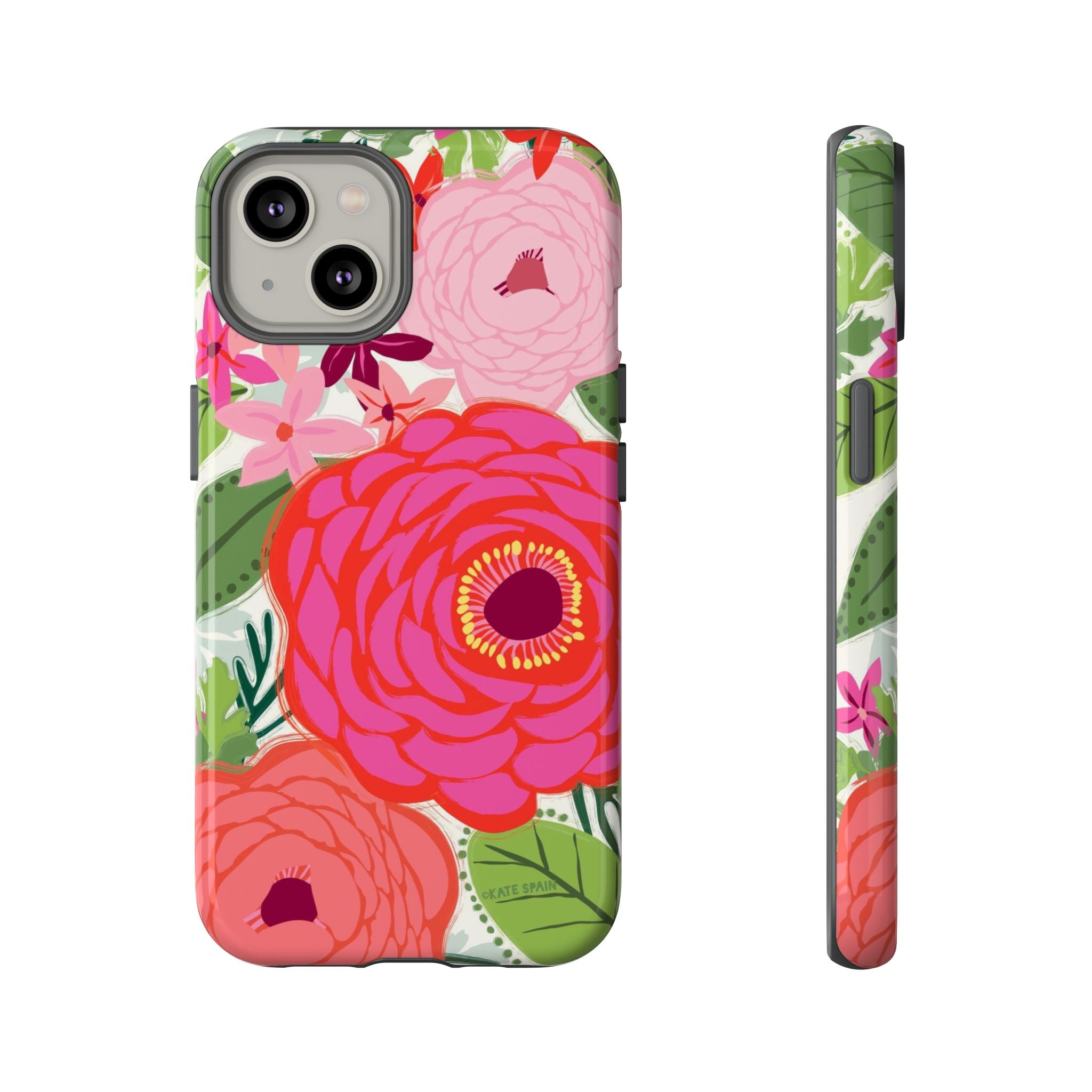 Bloomerie Tough iPhone 14 Case – Glossy | cream, magenta, coral botanical peony floral print