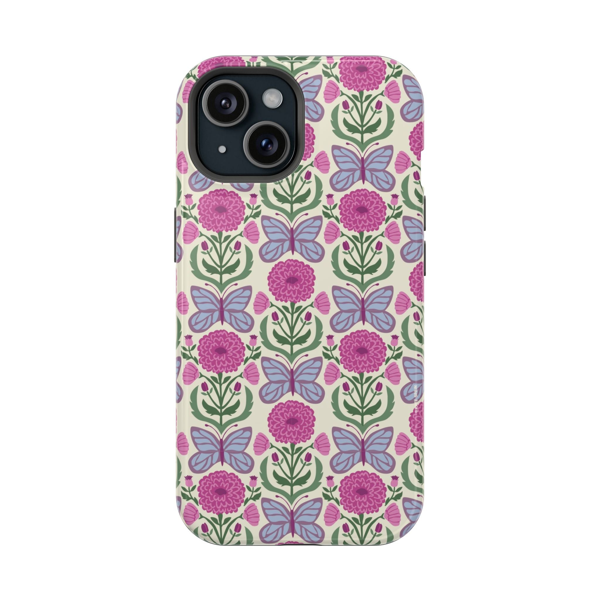 Butterfly MagSafe iPhone 15 Case – Glossy | cream, magenta, periwinkle butterfly floral print